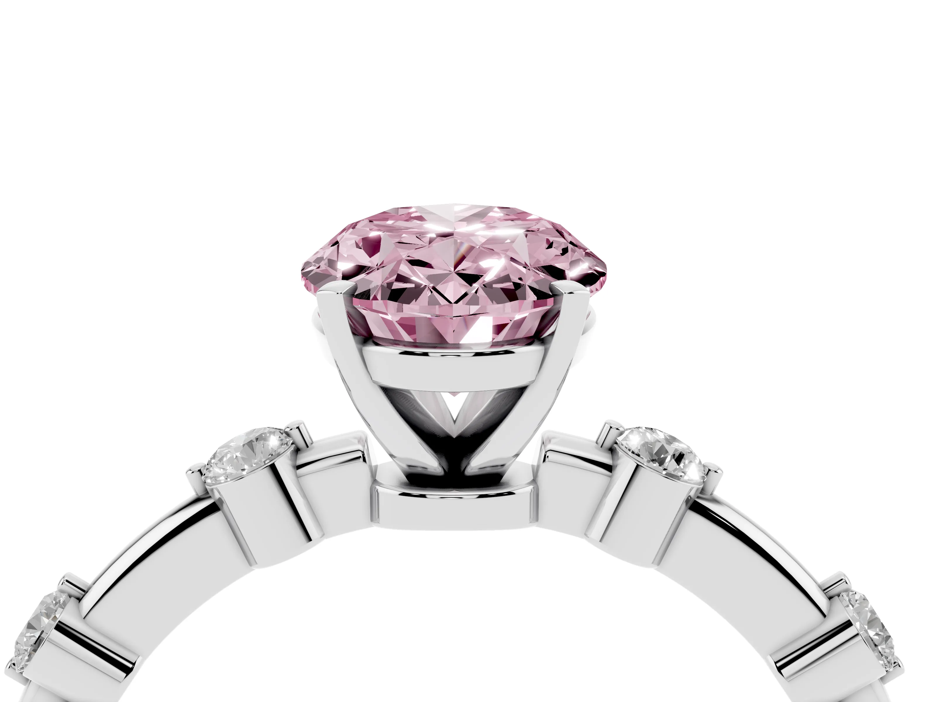 Fancy Pink Oval Cut Diamond Solitaire Ring Set in Silver with Bezel Set Side Stones and Prong Setting