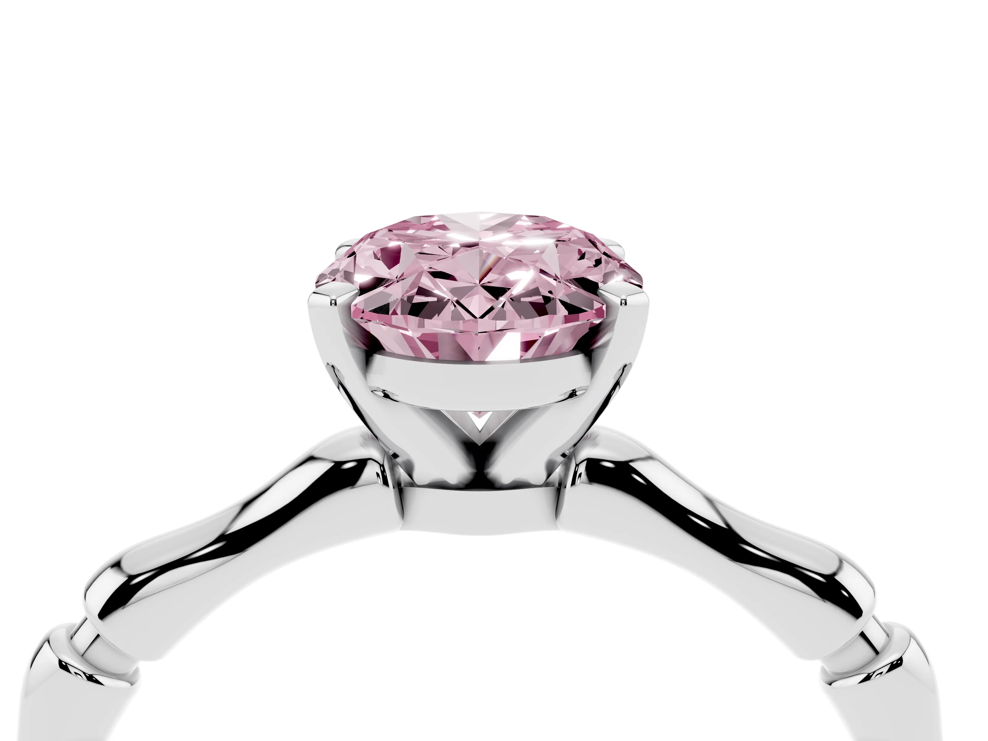 Fancy Pink Oval Cut Diamond Solitaire Ring Set in Platinum with Bamboo Band and Prong Setting