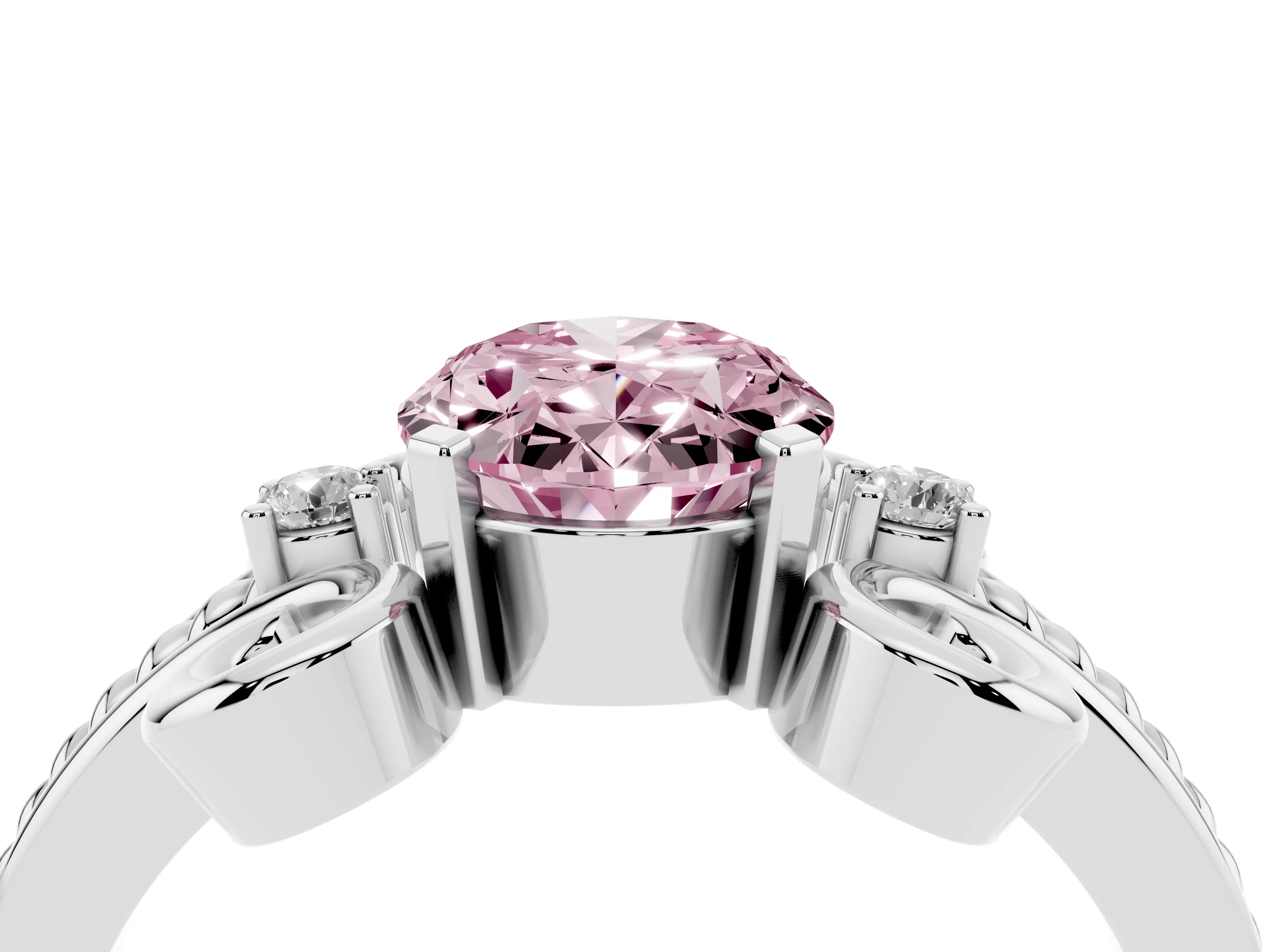 Fancy Pink Oval Cut Diamond Twisted Band Solitaire Ring Set in Platinum with Scroll Prongs