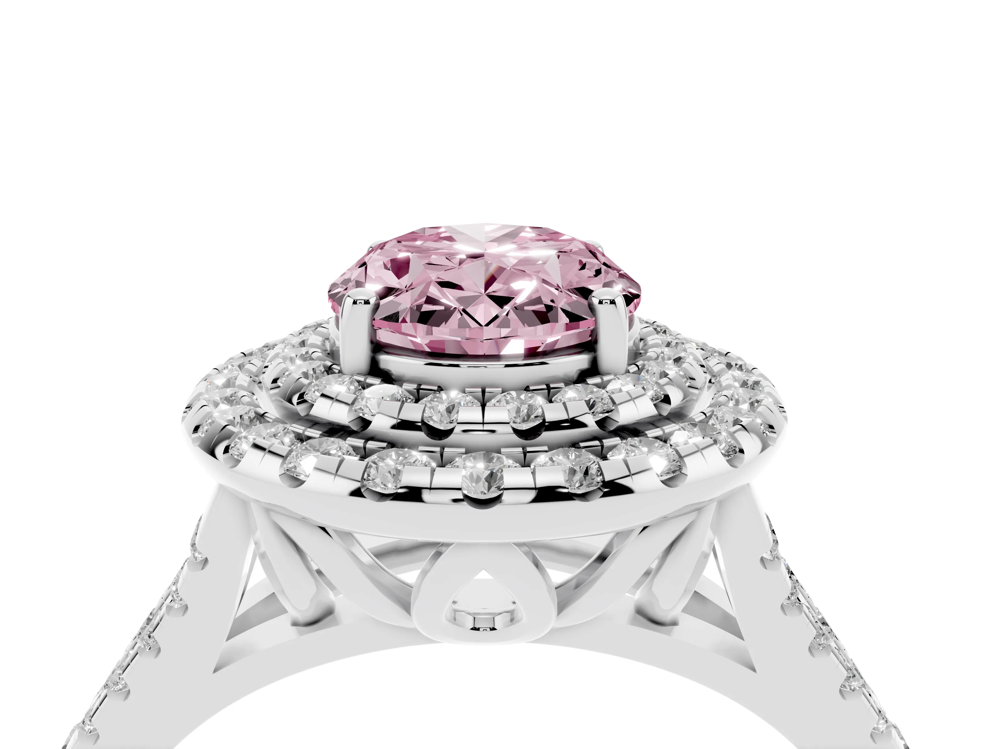 Fancy Pink Oval Cut Diamond Double Halo Ring Set in Silver with Pavé Split Shank and Prong Setting