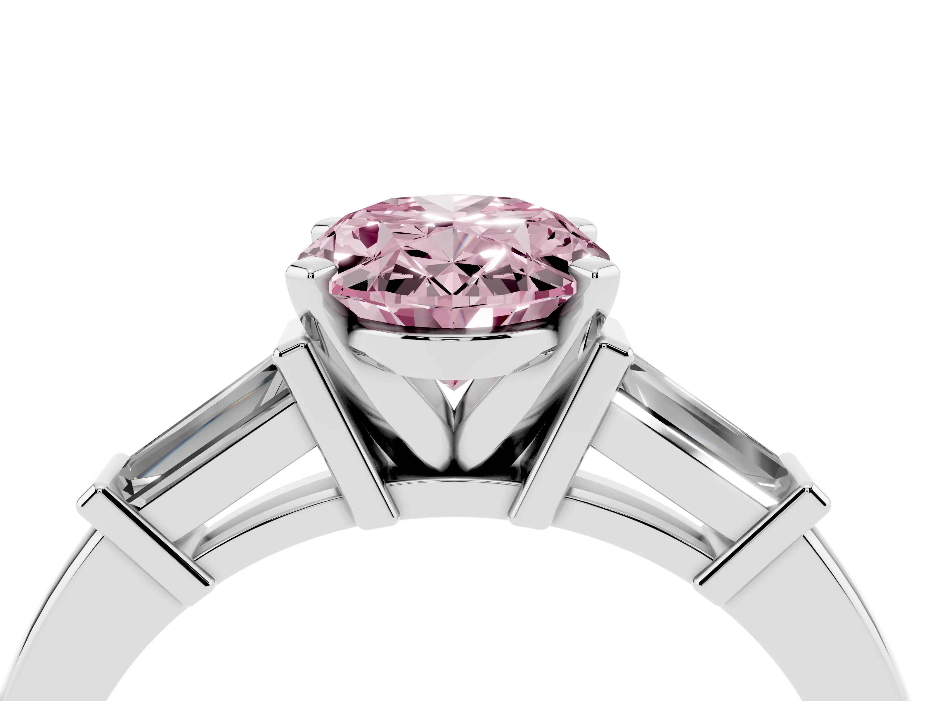 Fancy Pink Oval Cut Diamond Solitaire Ring Set in Silver with Tapered Baguette Accents and Prong Setting