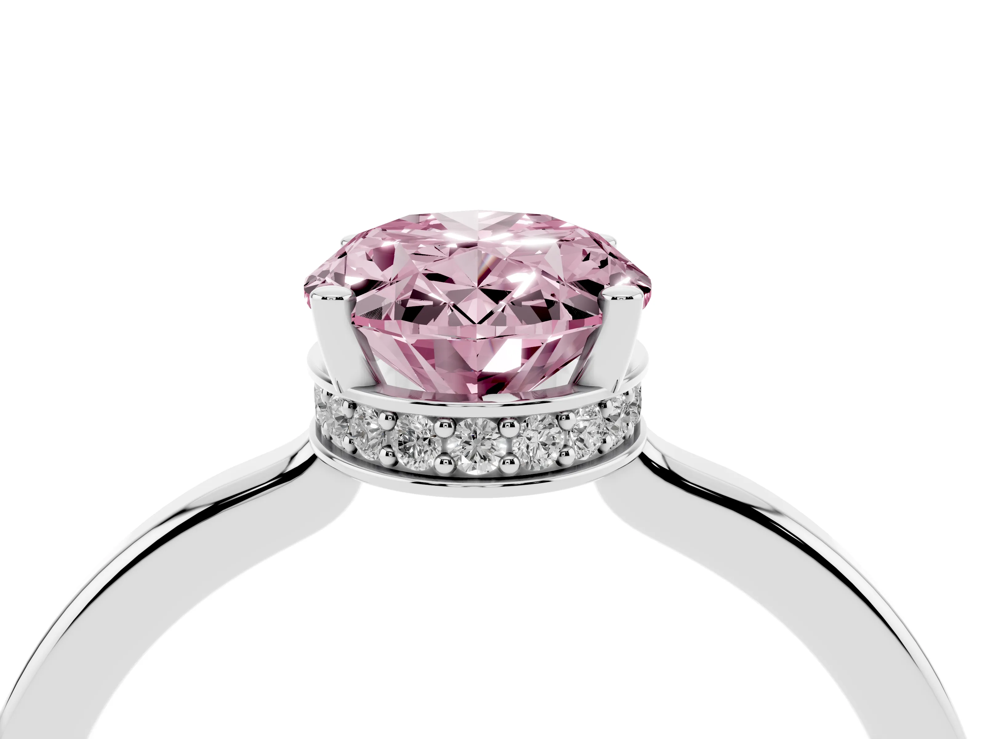 Fancy Pink Oval Cut Diamond Solitaire Engagement Ring Set in White gold with Prong Setting on a Plain Band