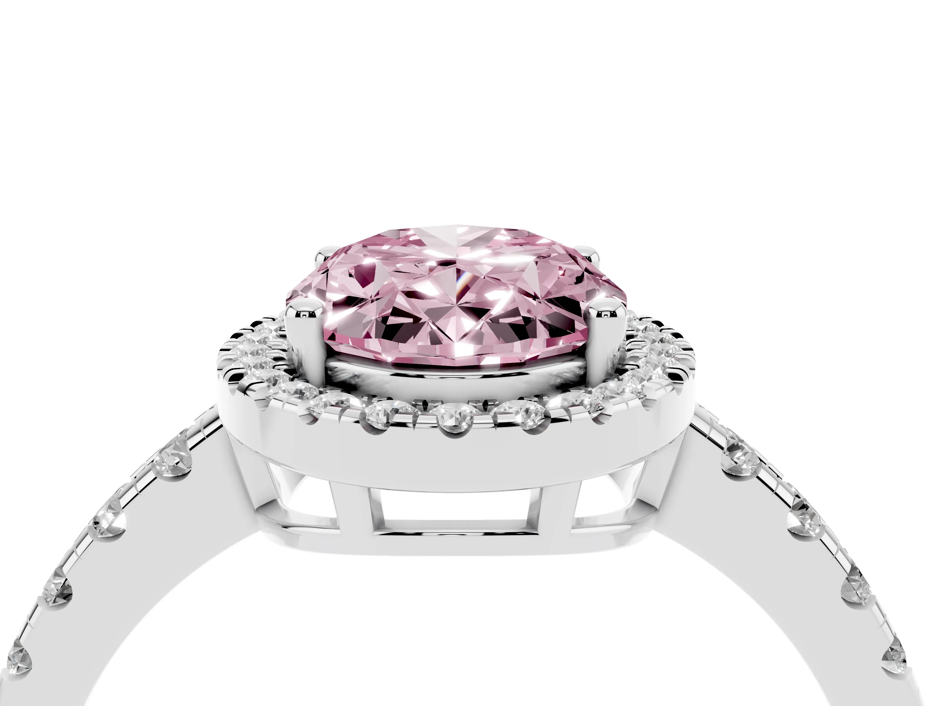 Fancy Pink Oval Cut Diamond Halo Ring Set in Platinum with Delicate Pavé Band and Prong Setting