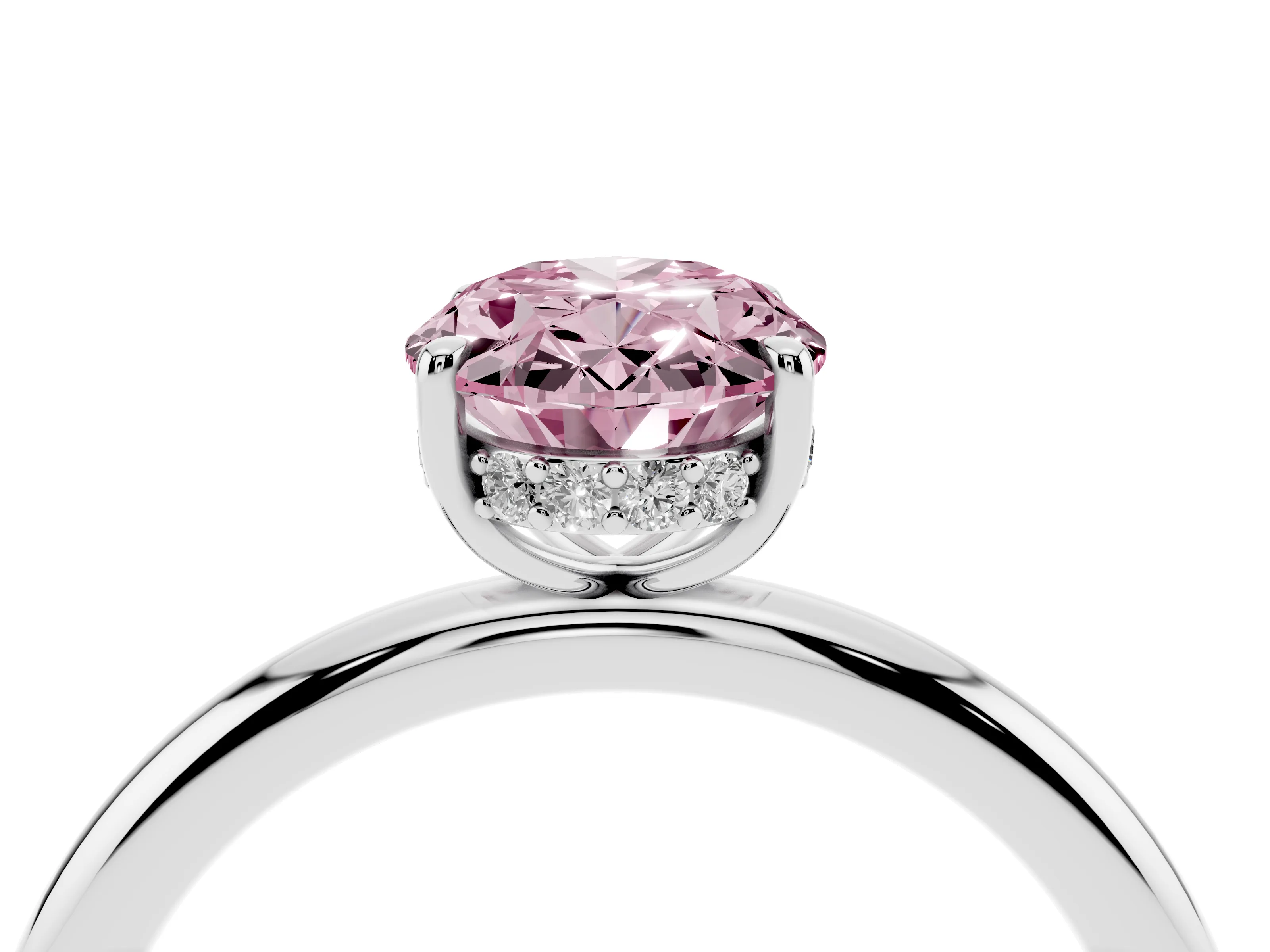 Fancy Pink Oval Cut Diamond Solitaire Ring Set in Silver with Thin Band and Prong Setting