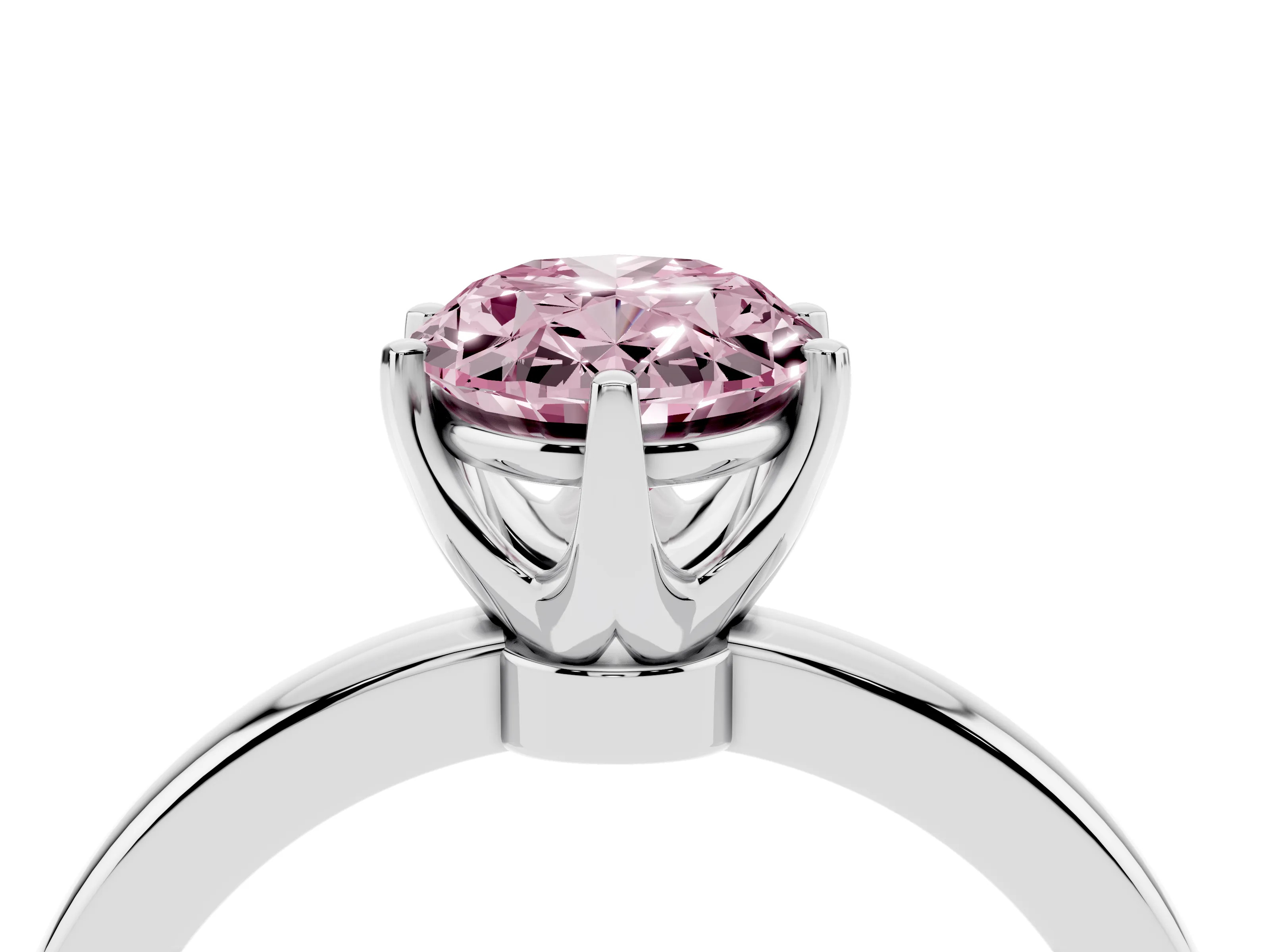 Fancy Pink Oval Cut Diamond Solitaire Ring Set in White gold with Raised Prong Setting on a Classic Band