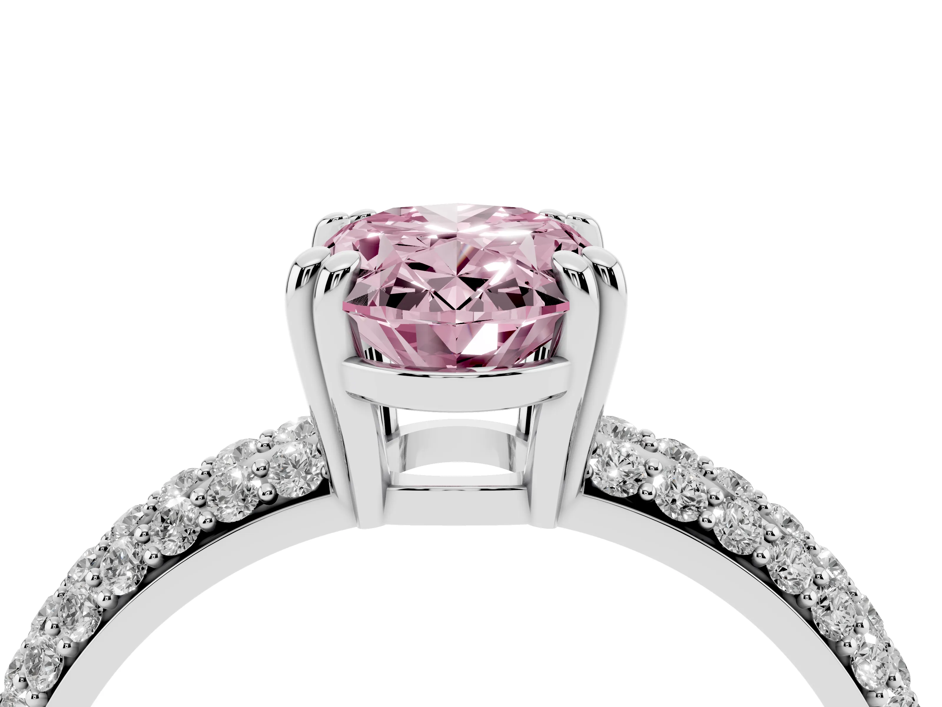 Fancy Pink Oval Cut Diamond Solitaire Ring Set in Platinum with Multi-Row Round Pavé Band and Prong Setting