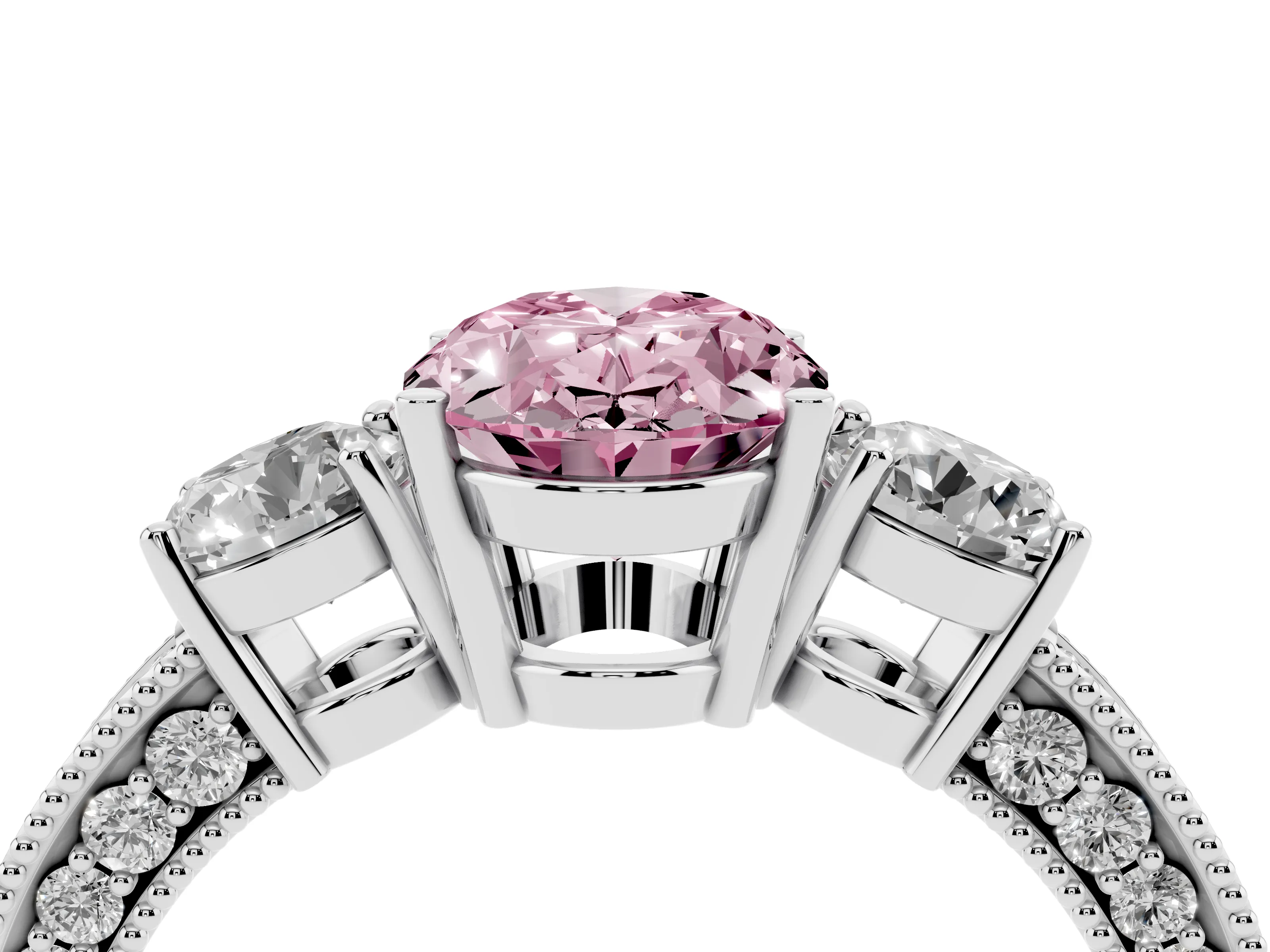 Fancy Pink Oval Cut Diamond Three-Stone Ring Set in Silver with Round Side Stones and Pavé Band