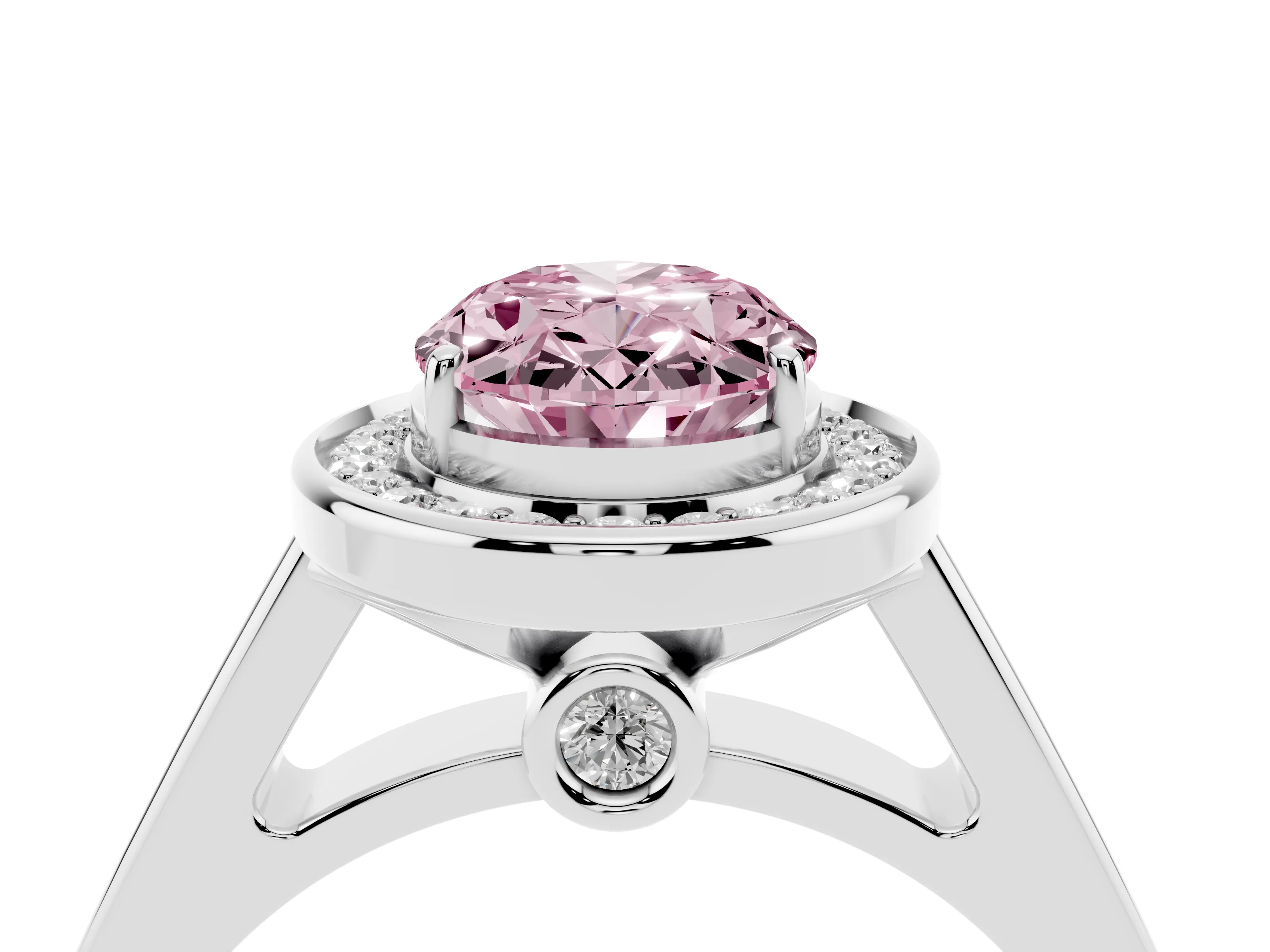 Fancy Pink Oval Cut Diamond Halo Solitaire Ring Set in White gold with Pavé Band and Bezel Setting