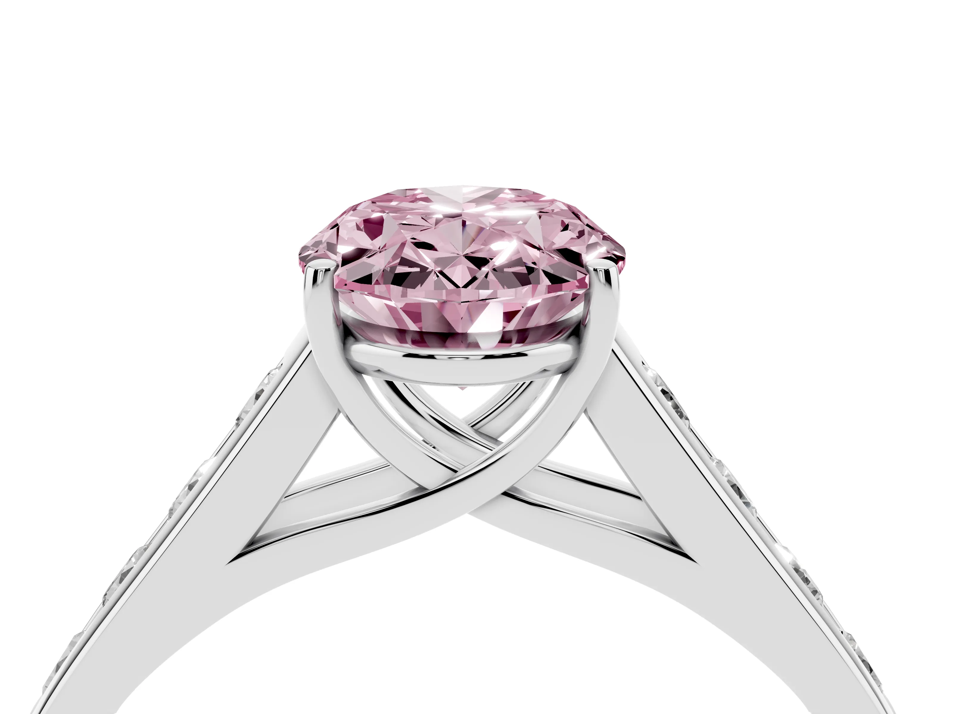 Fancy Pink Oval Cut Diamond Solitaire Channel-Set Engagement Ring Set in Silver with Prong Setting