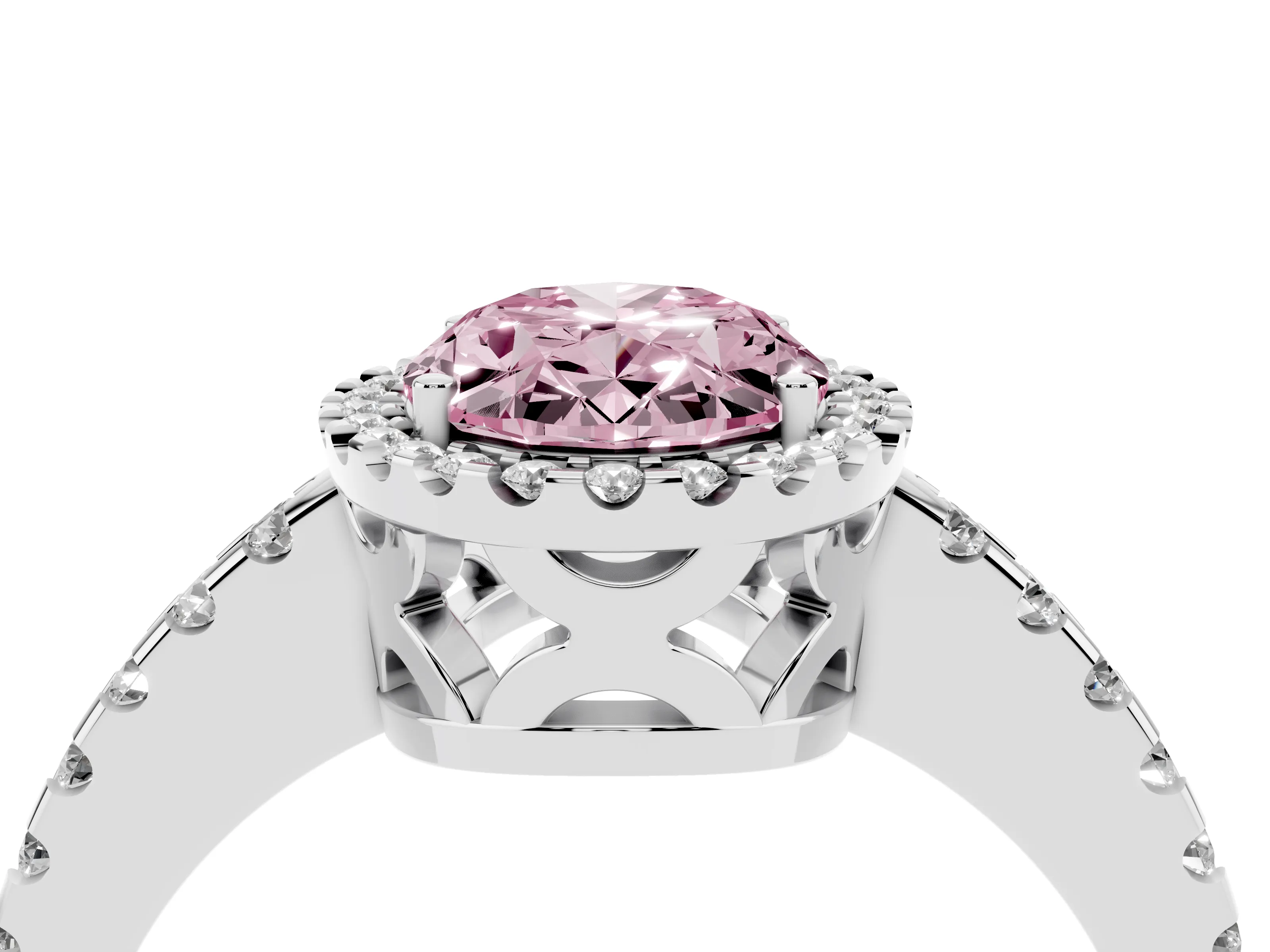 Fancy Pink Oval Cut Diamond Halo Ring Set in Silver with Pavé Shoulders and Halo-Framed Center