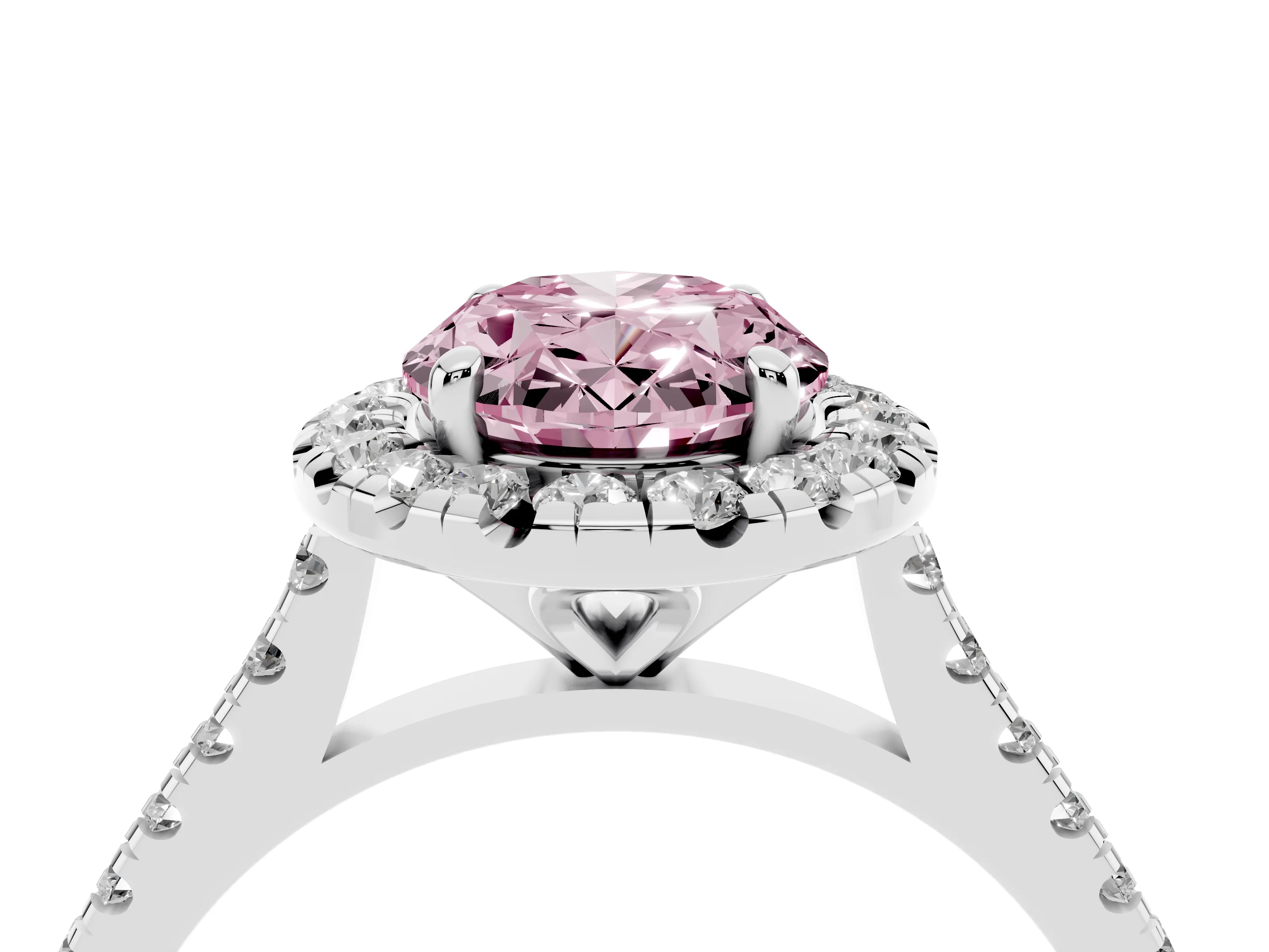 Fancy Pink Oval Cut Diamond Cushion Halo Ring Set in White gold with Pavé Band