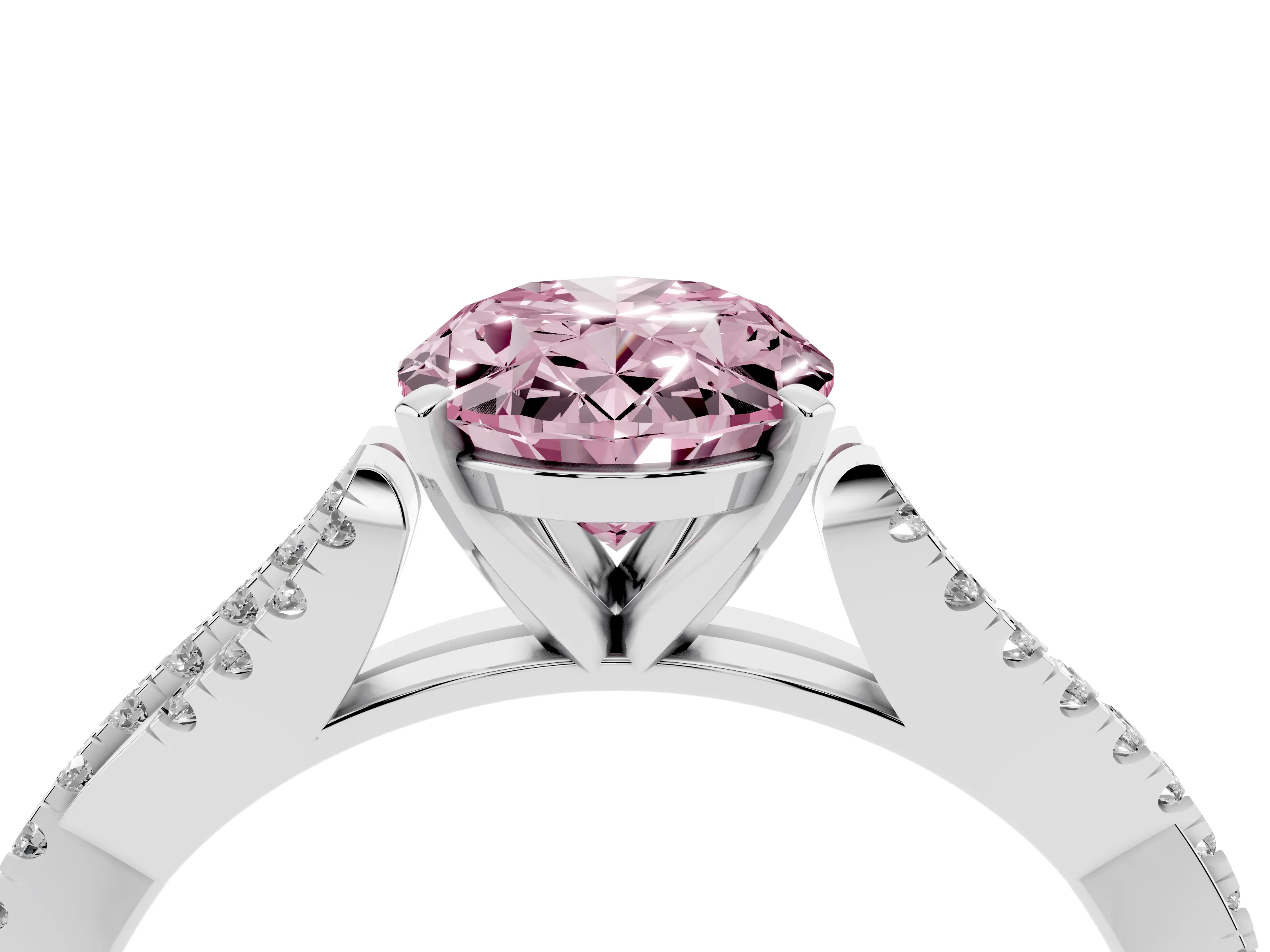 Fancy Pink Oval Cut Diamond Solitaire Engagement Ring Set in Silver with Twisted Pavé Band and Prong Setting