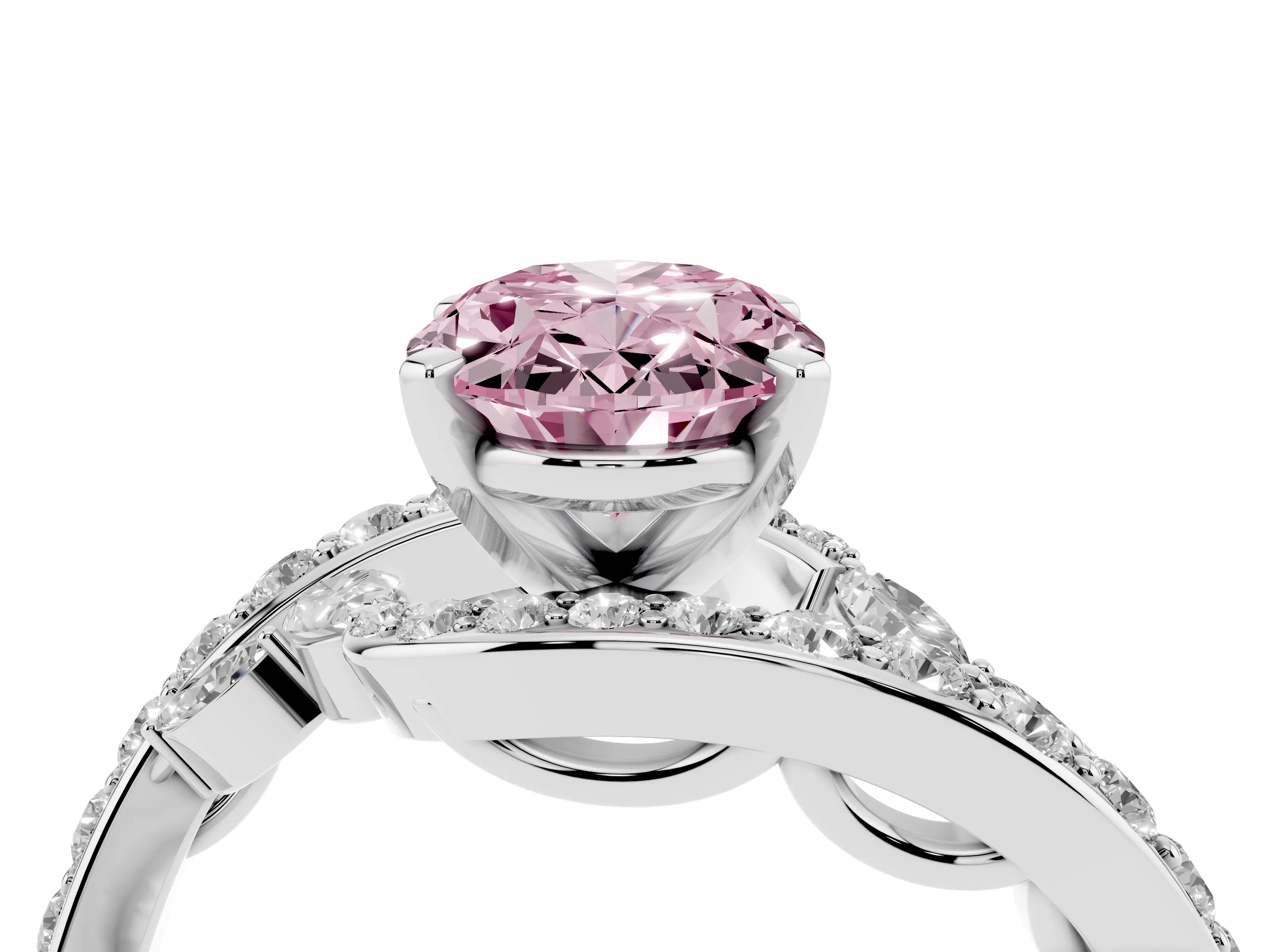 Fancy Pink Oval Cut Diamond Solitaire Ring Set in Silver with Pavé Twist Band and Secure Prong Setting