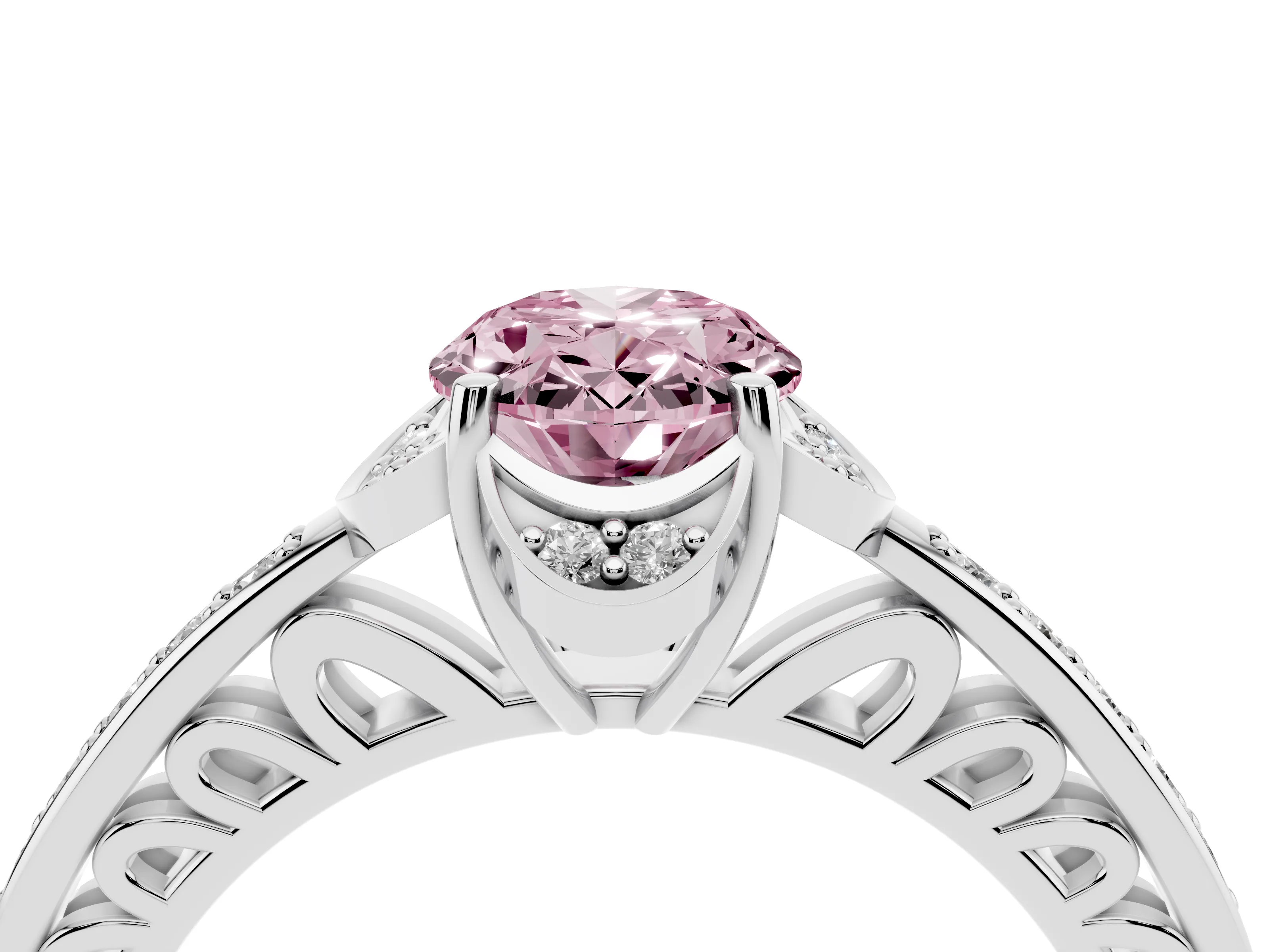 Fancy Pink Oval Cut Diamond Halo Ring Set in Silver with Channel Set Band and Prong Setting
