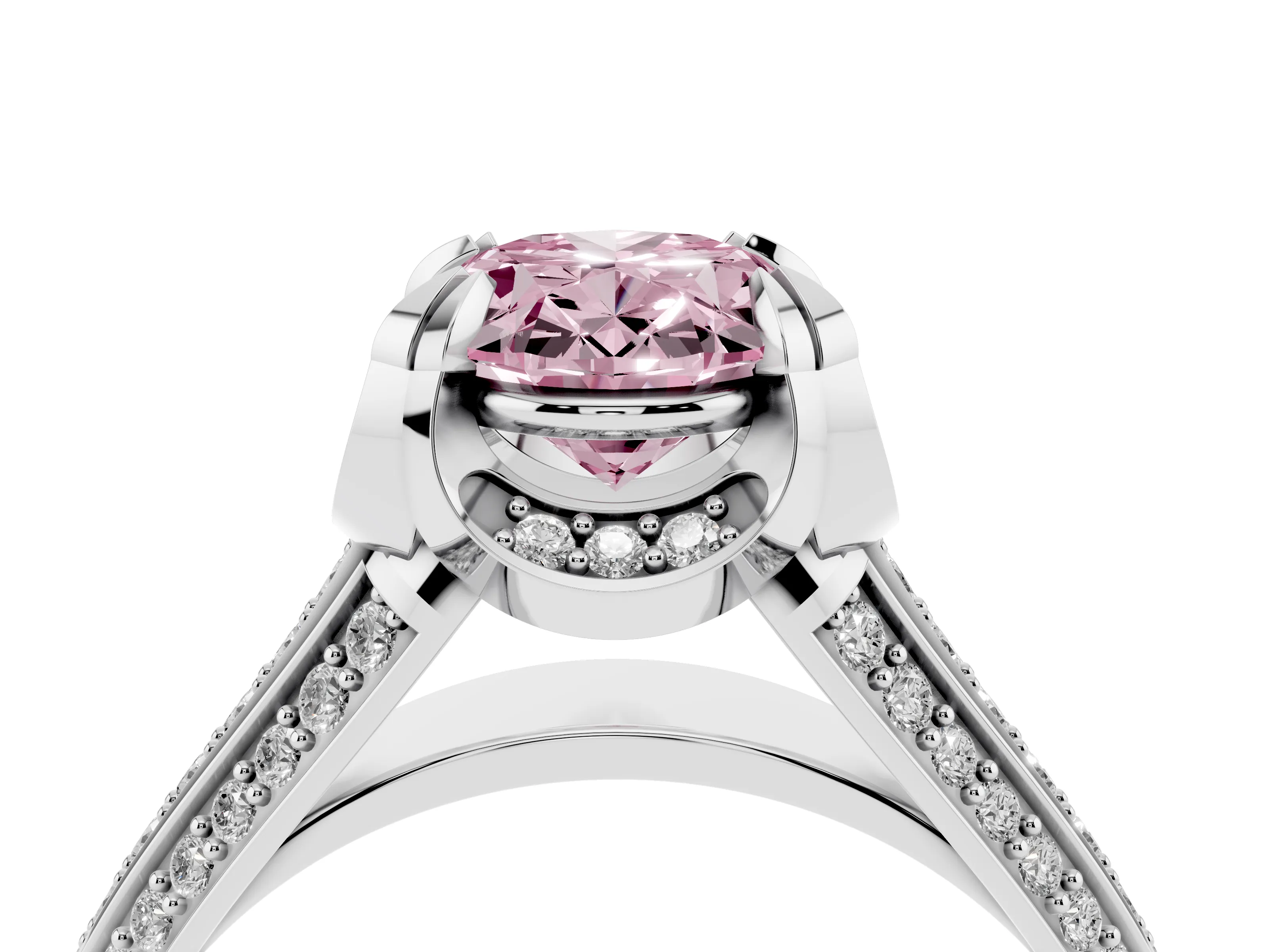 Fancy Pink Oval Cut Diamond Pavé Split Shank Solitaire Ring Set in Platinum with Prong Setting