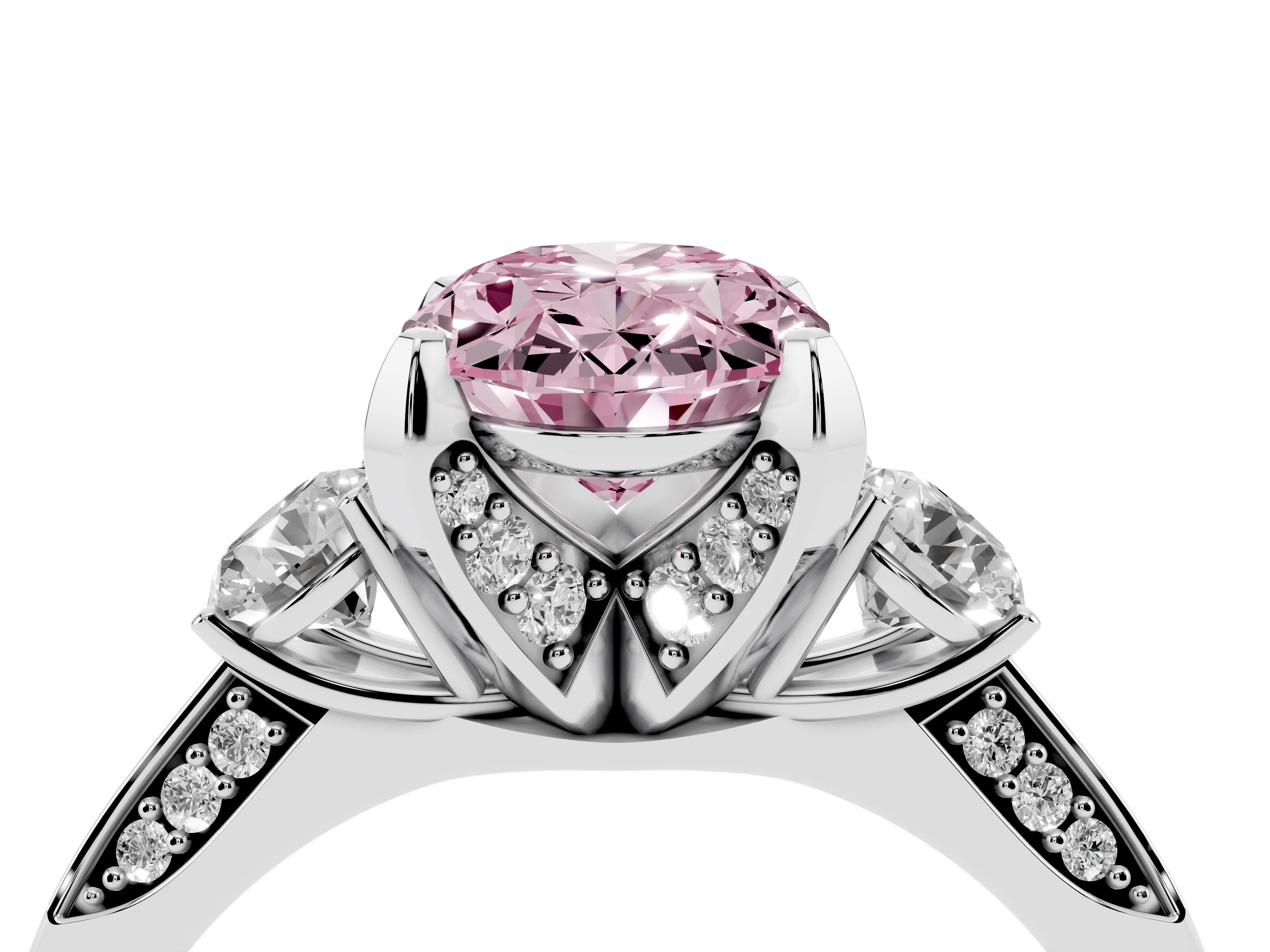 Fancy Pink Oval Cut Diamond Three-Stone Ring Set in Silver with Pavé Band and Smaller Side Stones
