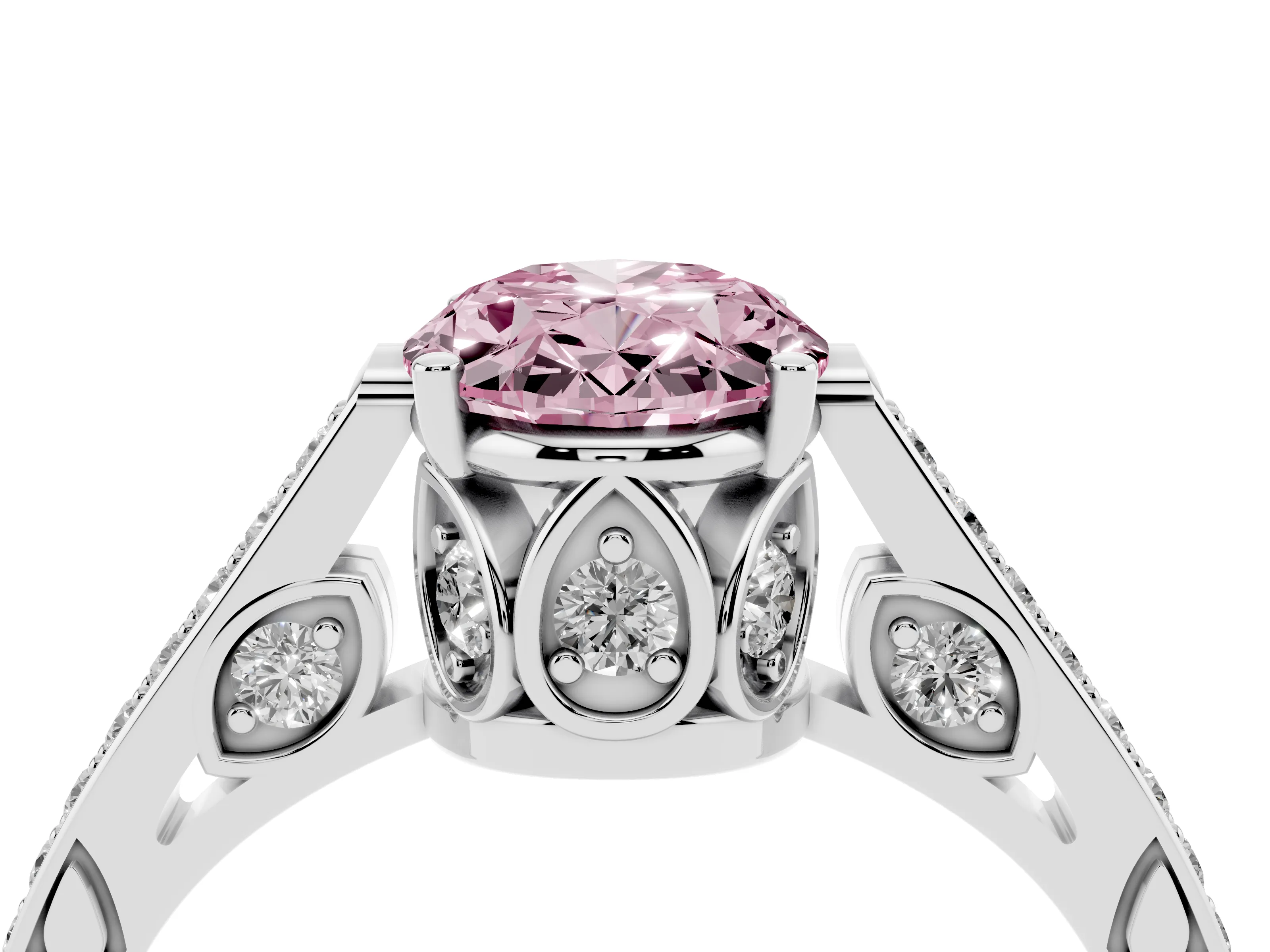 Fancy Pink Oval Cut Diamond Cathedral Pavé Engagement Ring Set in Silver with Prong Setting