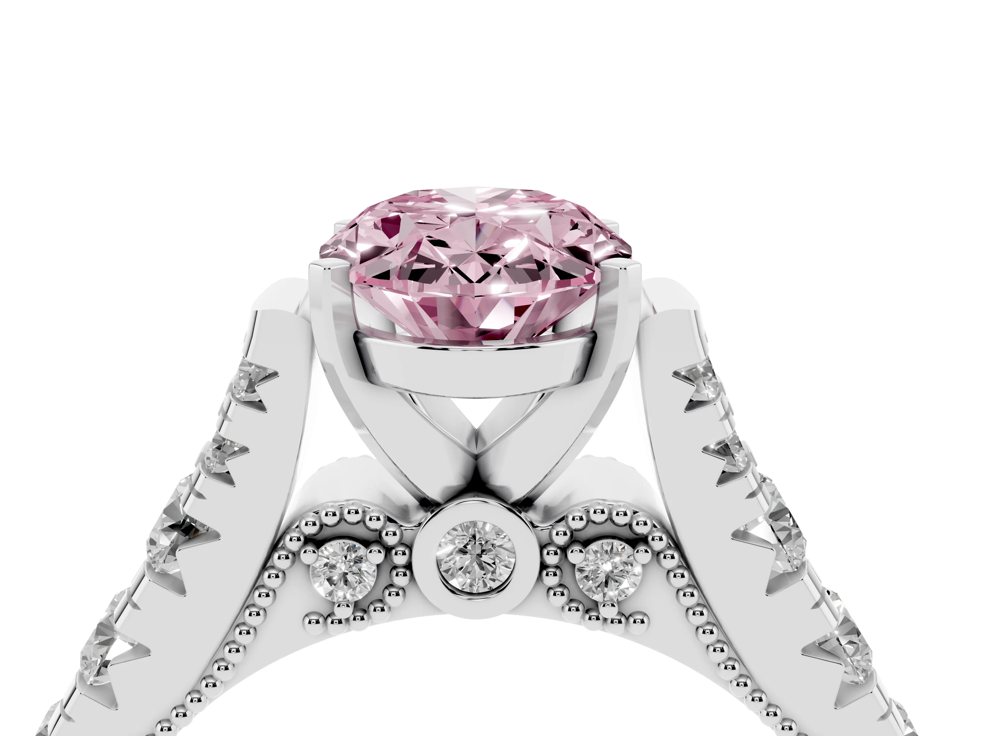 Fancy Pink Oval Cut Diamond Classic Solitaire Ring Set in Platinum with Pavé Band and Prong Setting
