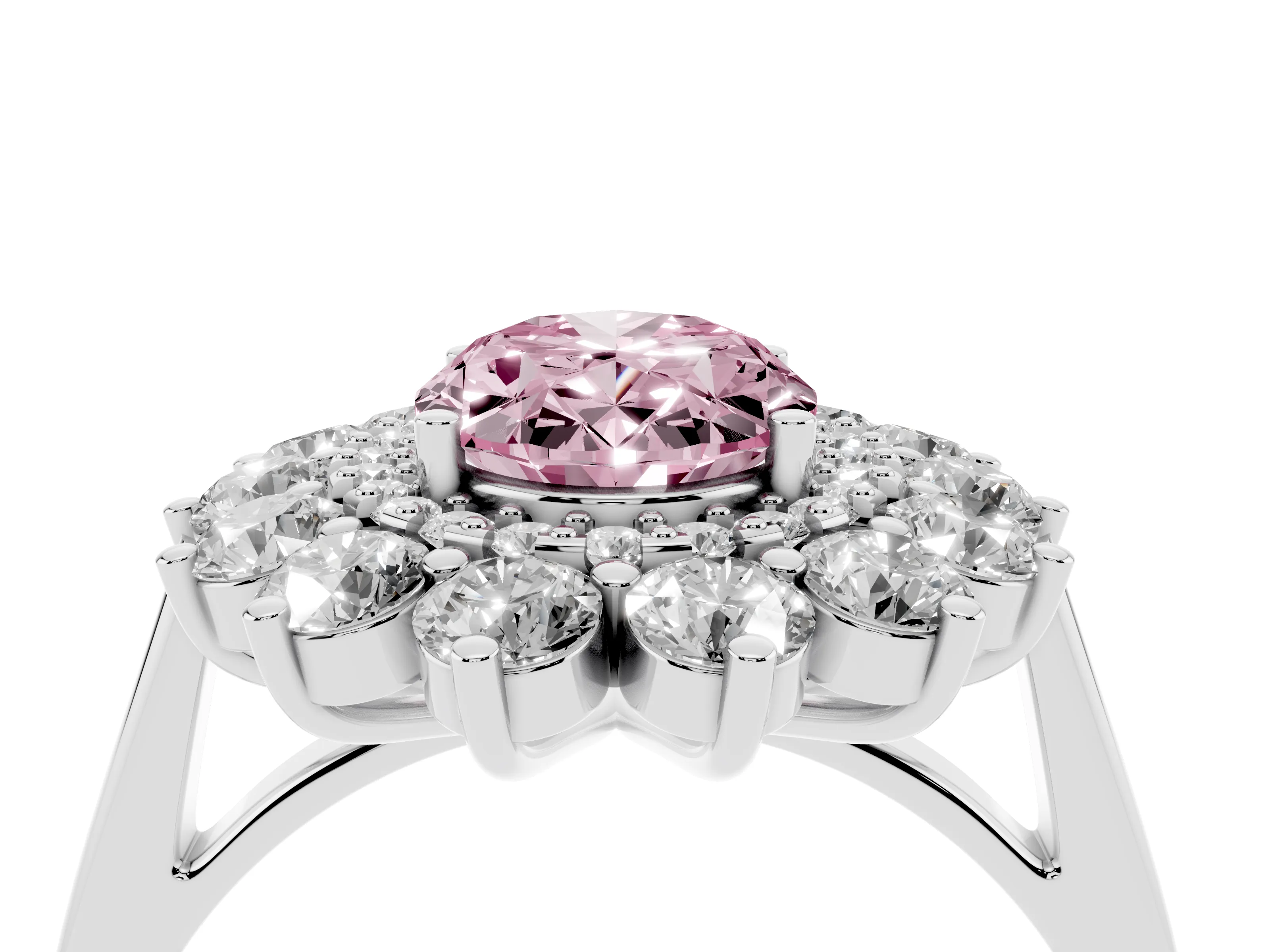 Fancy Pink Oval Cut Diamond Floral Double Halo Ring Set in Platinum with Round Petals