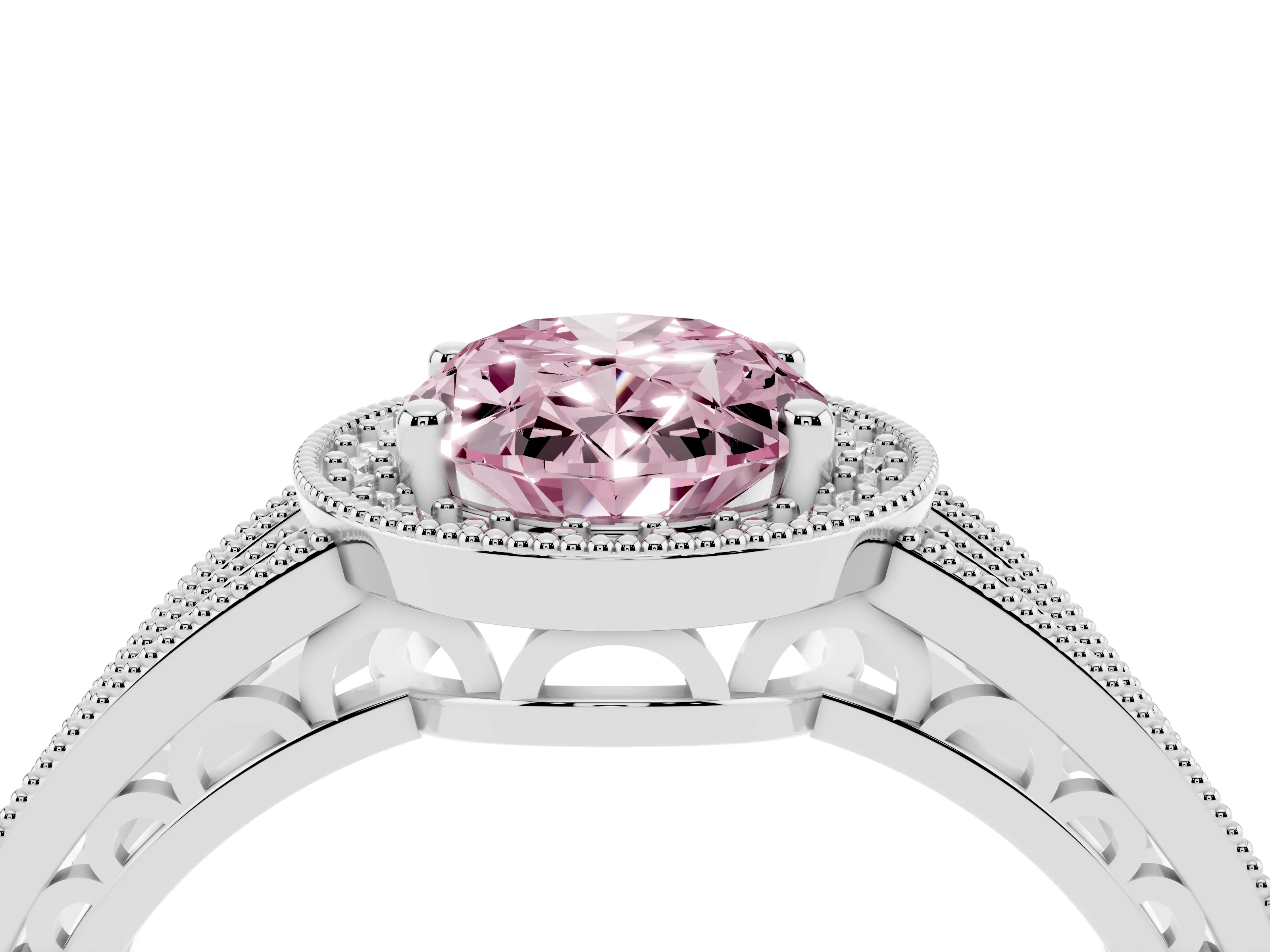 Fancy Pink Oval Cut Diamond Halo Ring Set in White gold with Accent Split Shank and Prong Setting