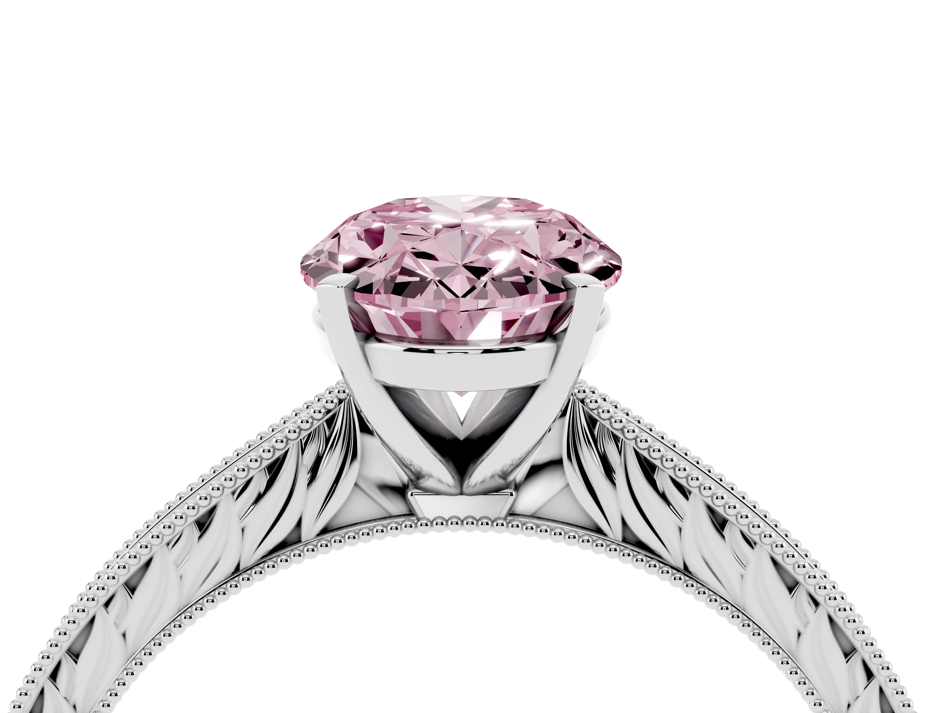 Fancy Pink Oval Cut Diamond Solitaire Milgrain Engraved Band Set in White gold with Prong Setting