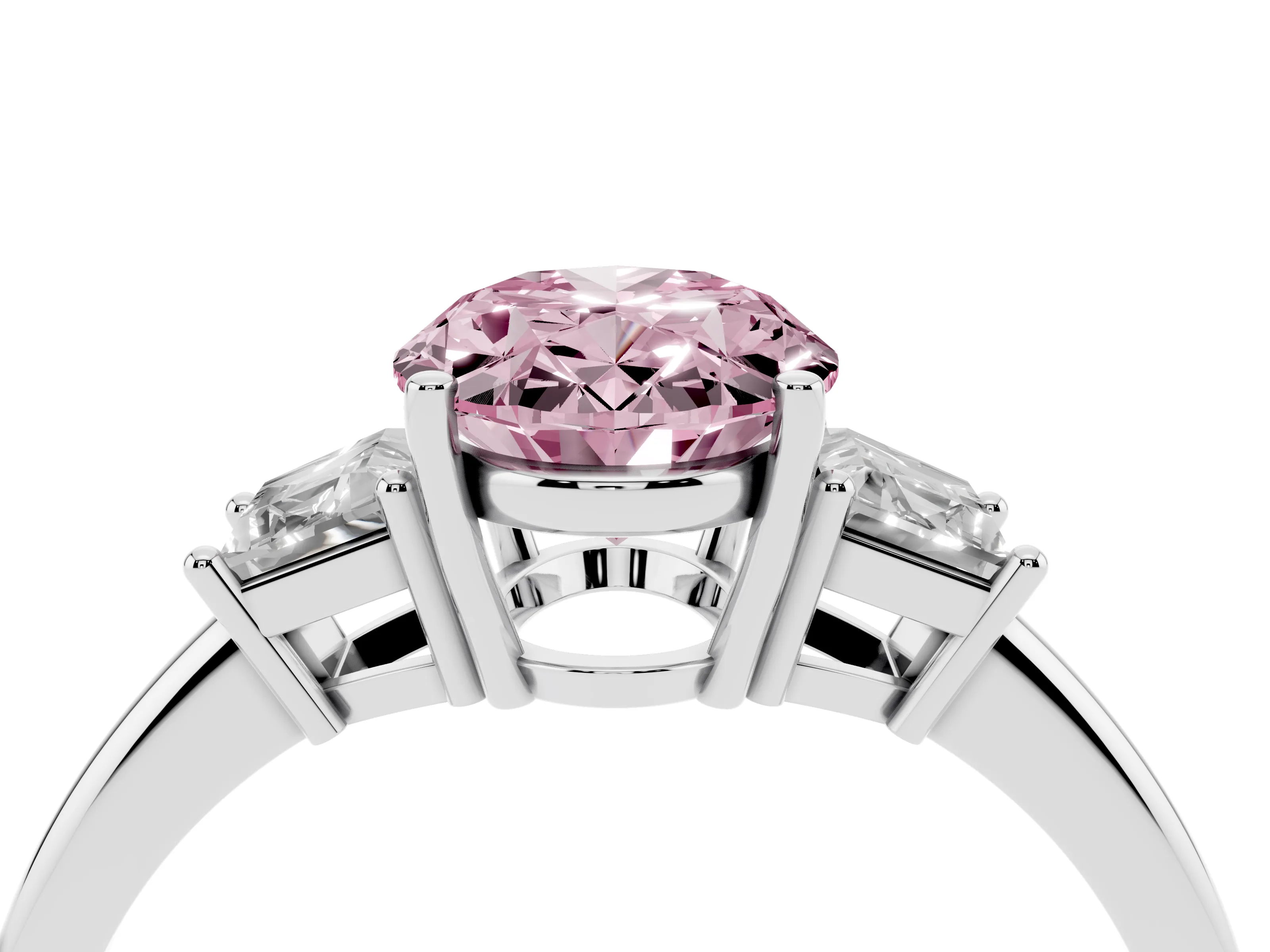 Fancy Pink Oval Cut Diamond Three-Stone Ring Set in White gold with Trapezoid Side Stones and Prong Setting
