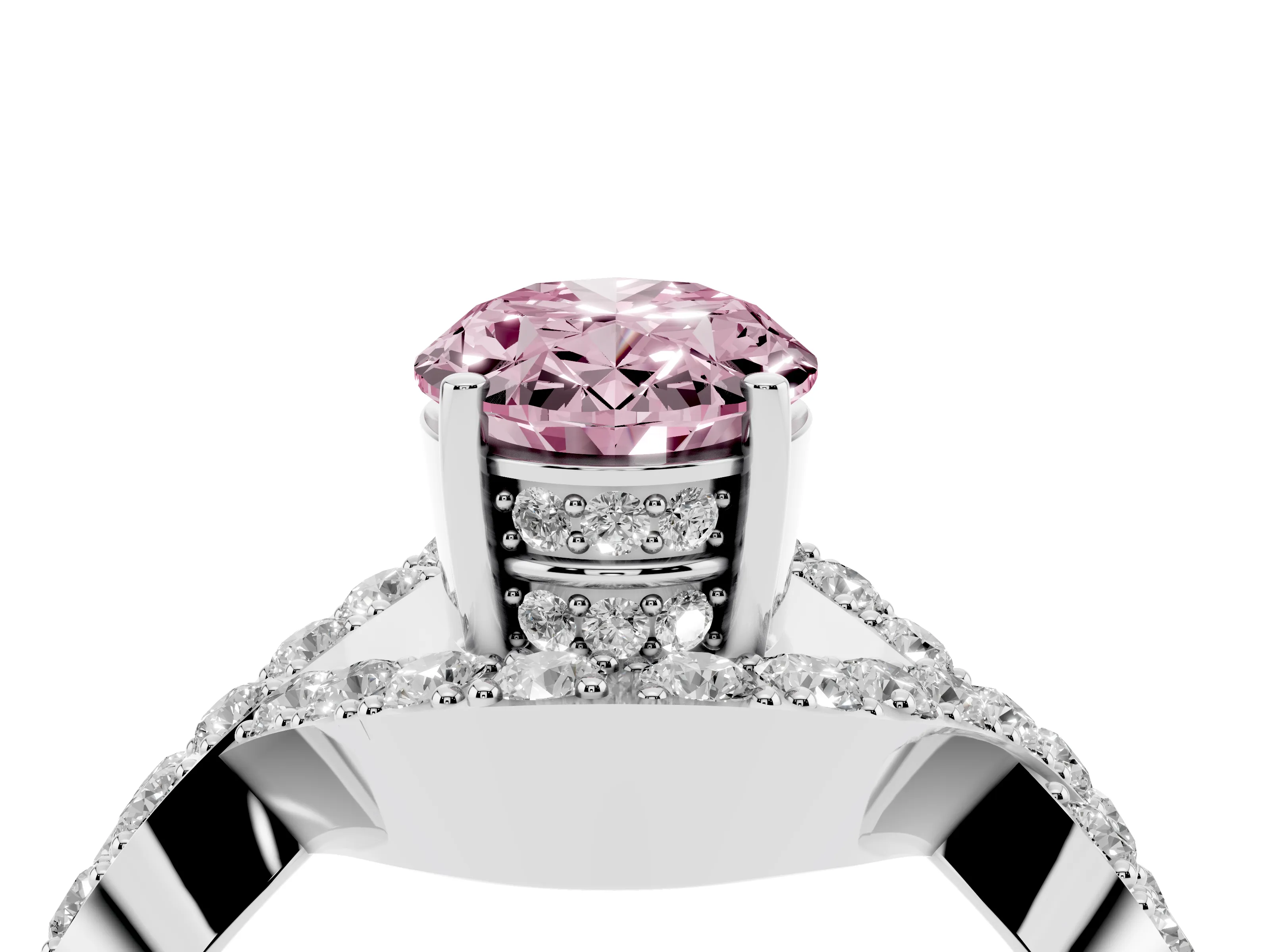 Fancy Pink Oval Cut Diamond Solitaire Twist Band Pavé Engagement Ring Set in Platinum