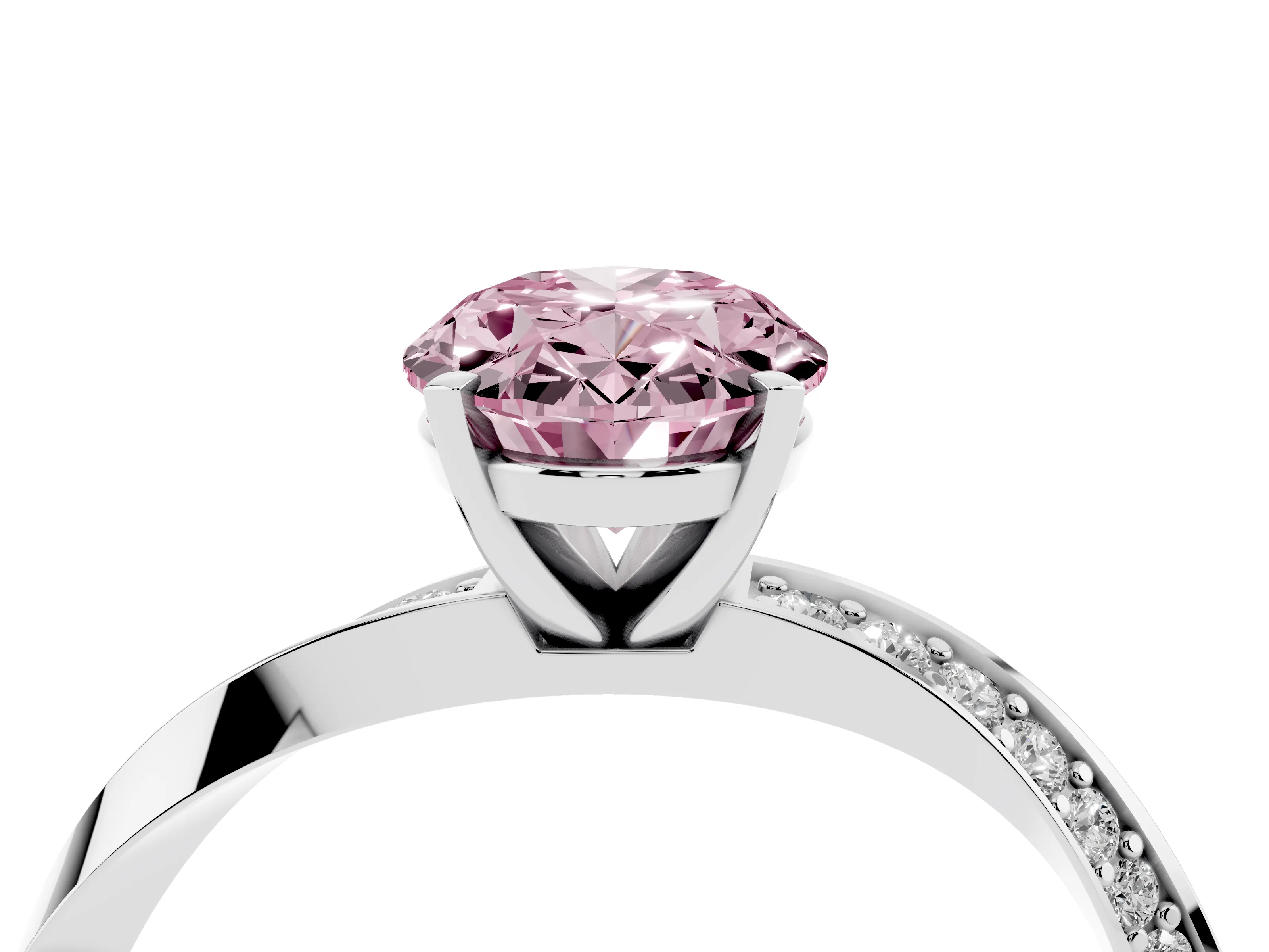 Fancy Pink Oval Cut Diamond Engagement Ring Set in White gold with Side Stone Accents and Prong Setting