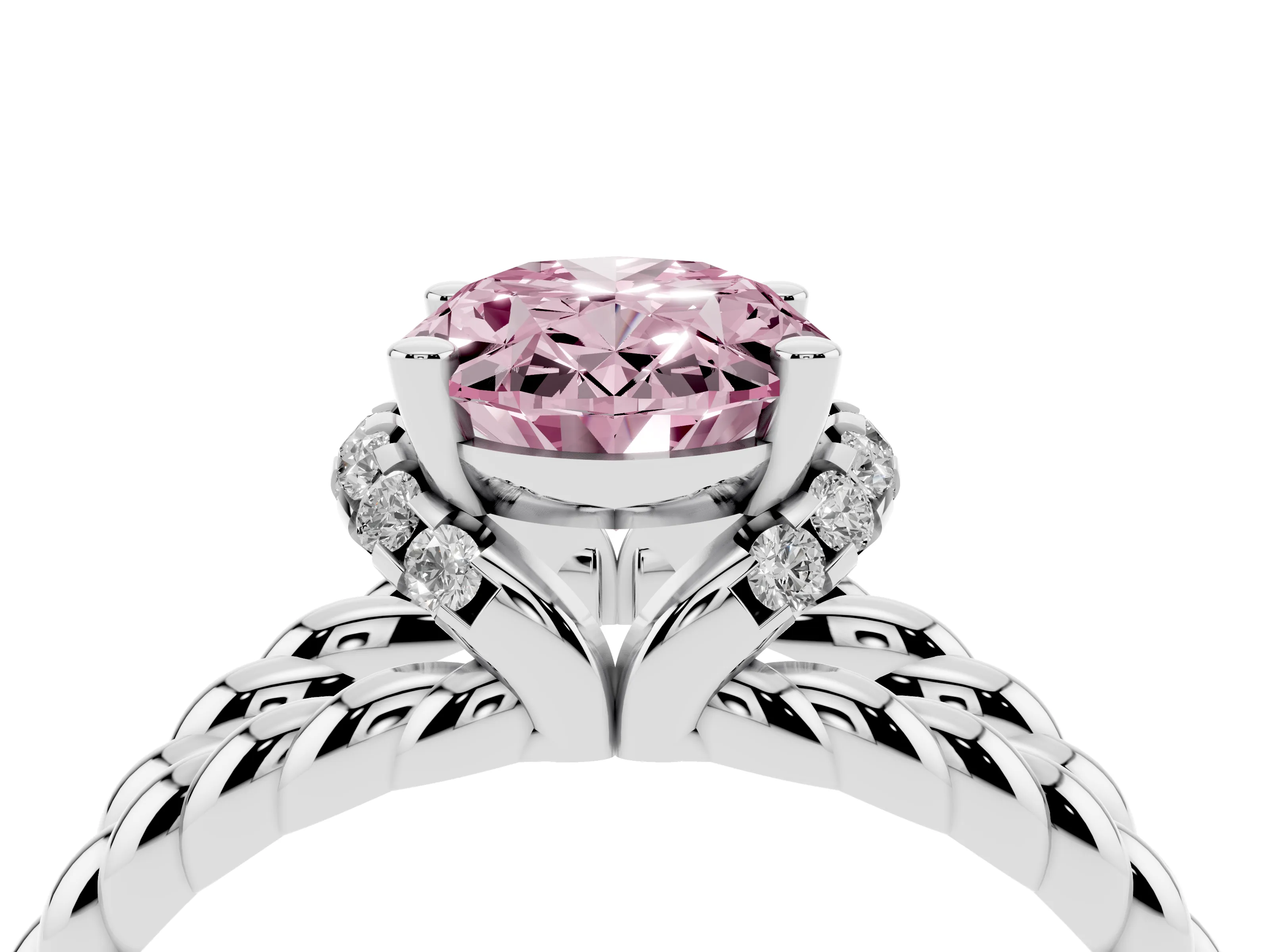 Fancy Pink Oval Cut Diamond Halo Ring Set in Silver with Twisted Band and Prong Setting