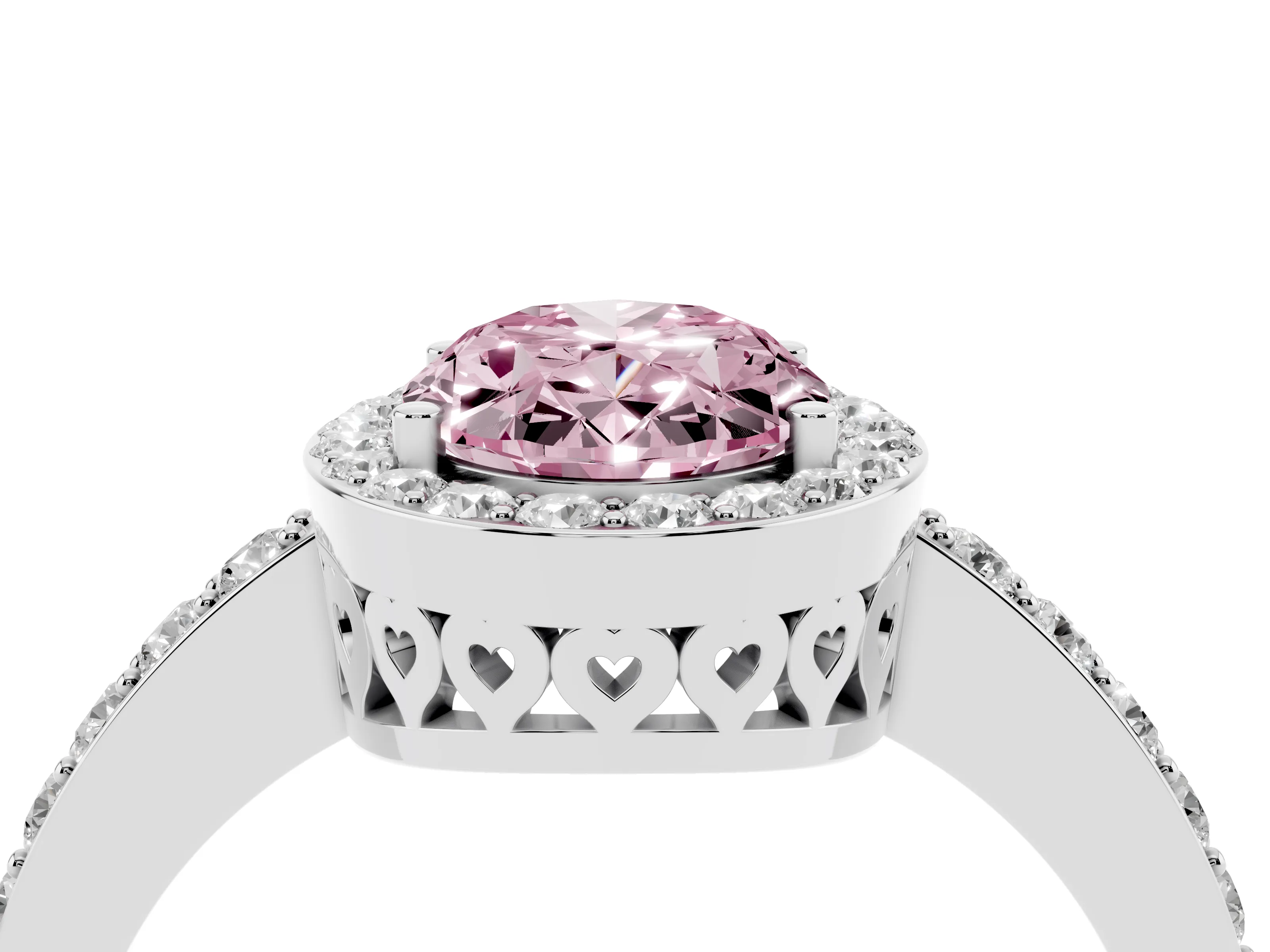 Fancy Pink Oval Cut Diamond Halo Ring Set in White gold with Pavé-Setting Band and Open Prong Center