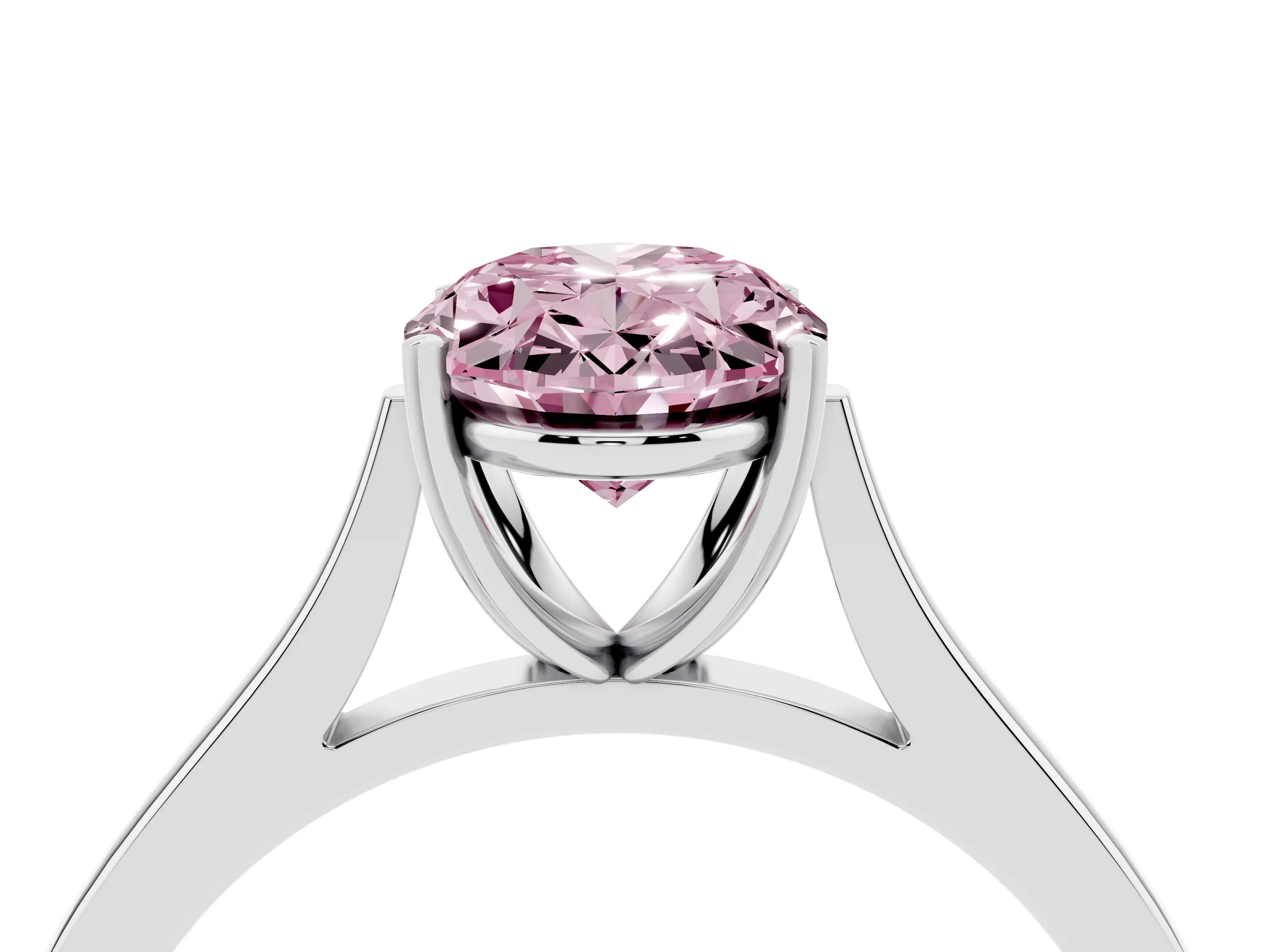 Fancy Pink Oval Cut Diamond Solitaire Heart Prong Engagement Ring Set in Platinum with Tapered Band
