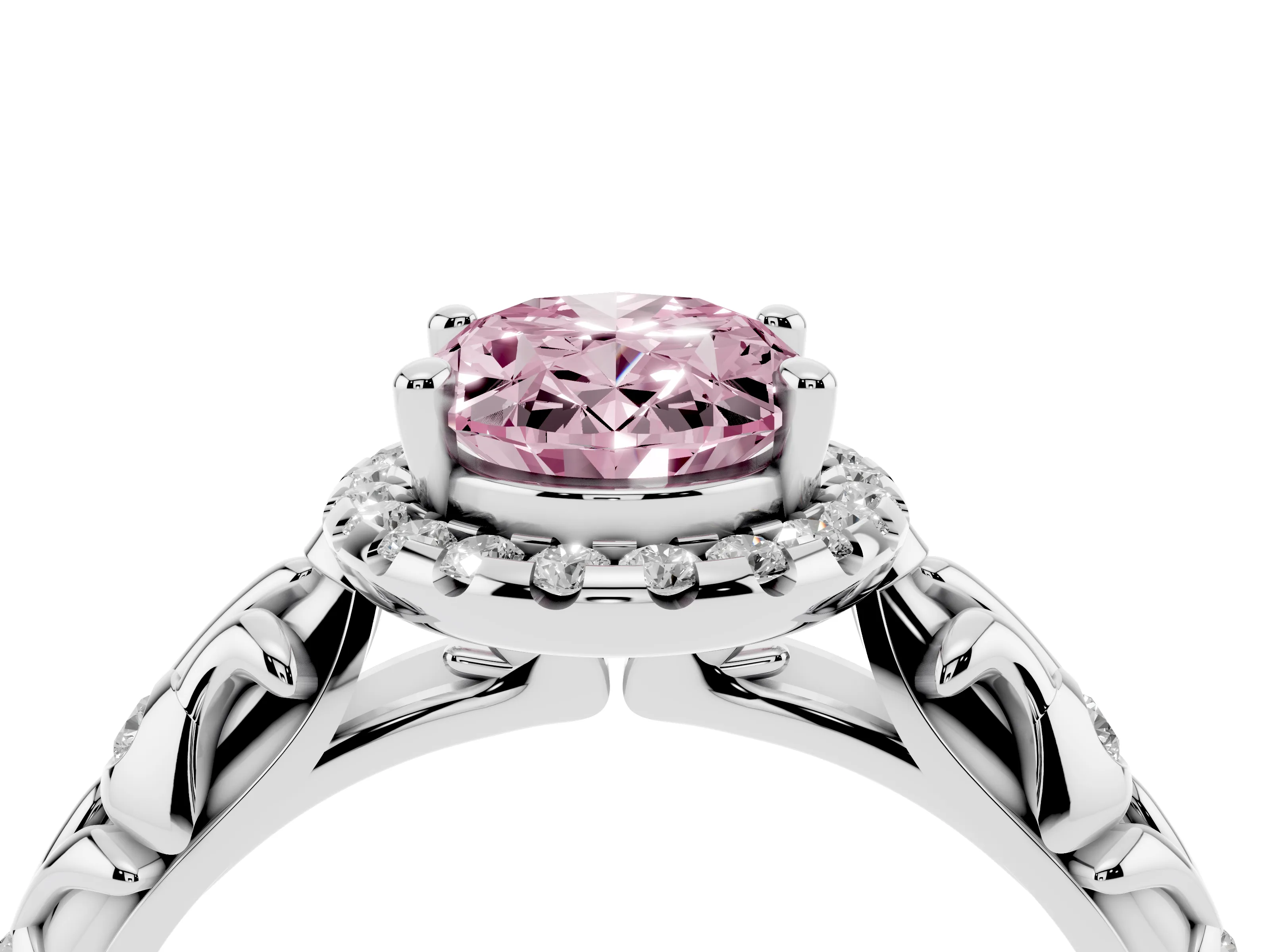 Fancy Pink Oval Cut Diamond Halo Ring Set in White gold with Filigree Leaf Band and Prong Setting