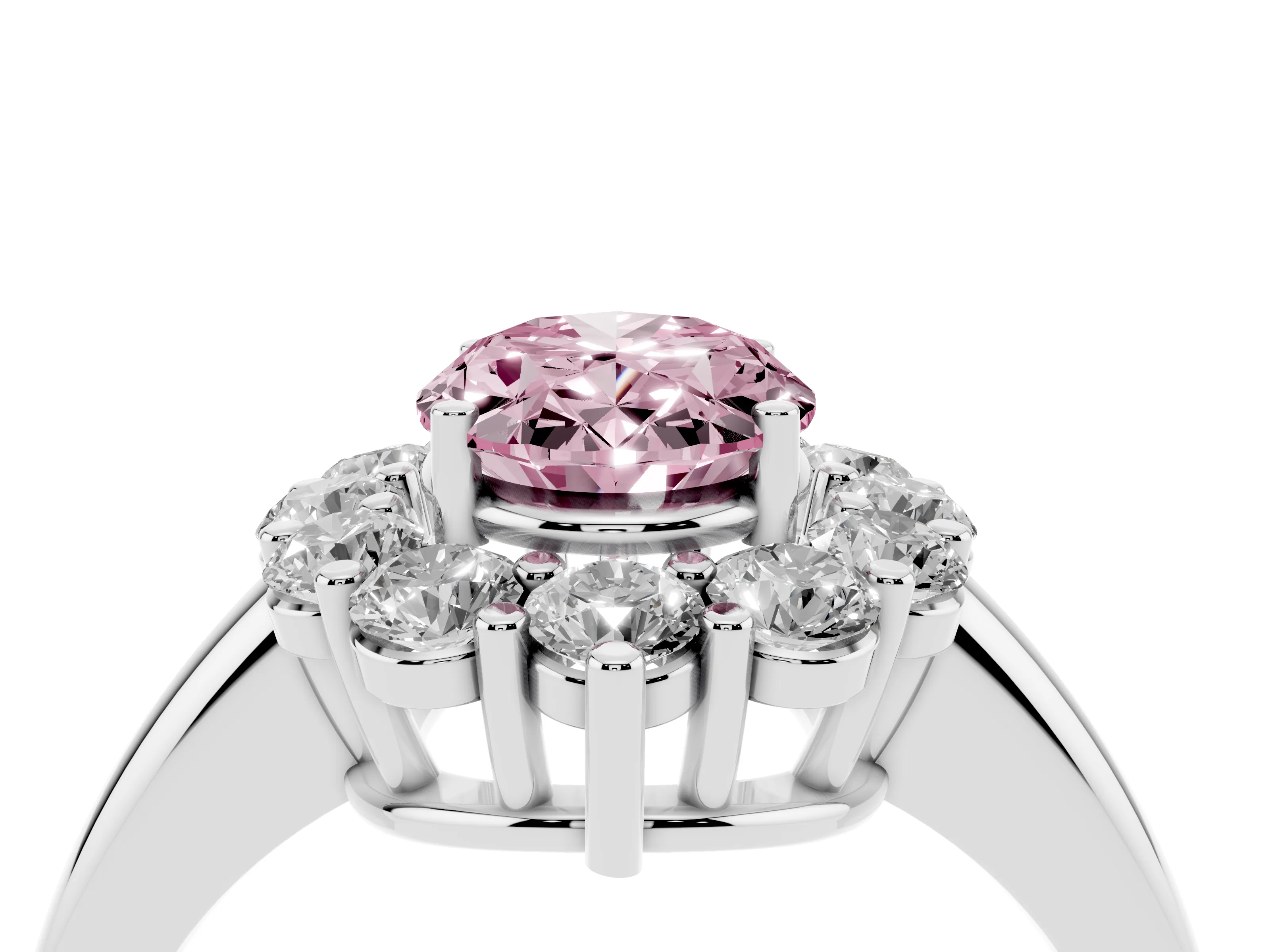 Fancy Pink Oval Cut Diamond Halo Cluster Engagement Ring Set in Silver with Polished Band and Prong Setting