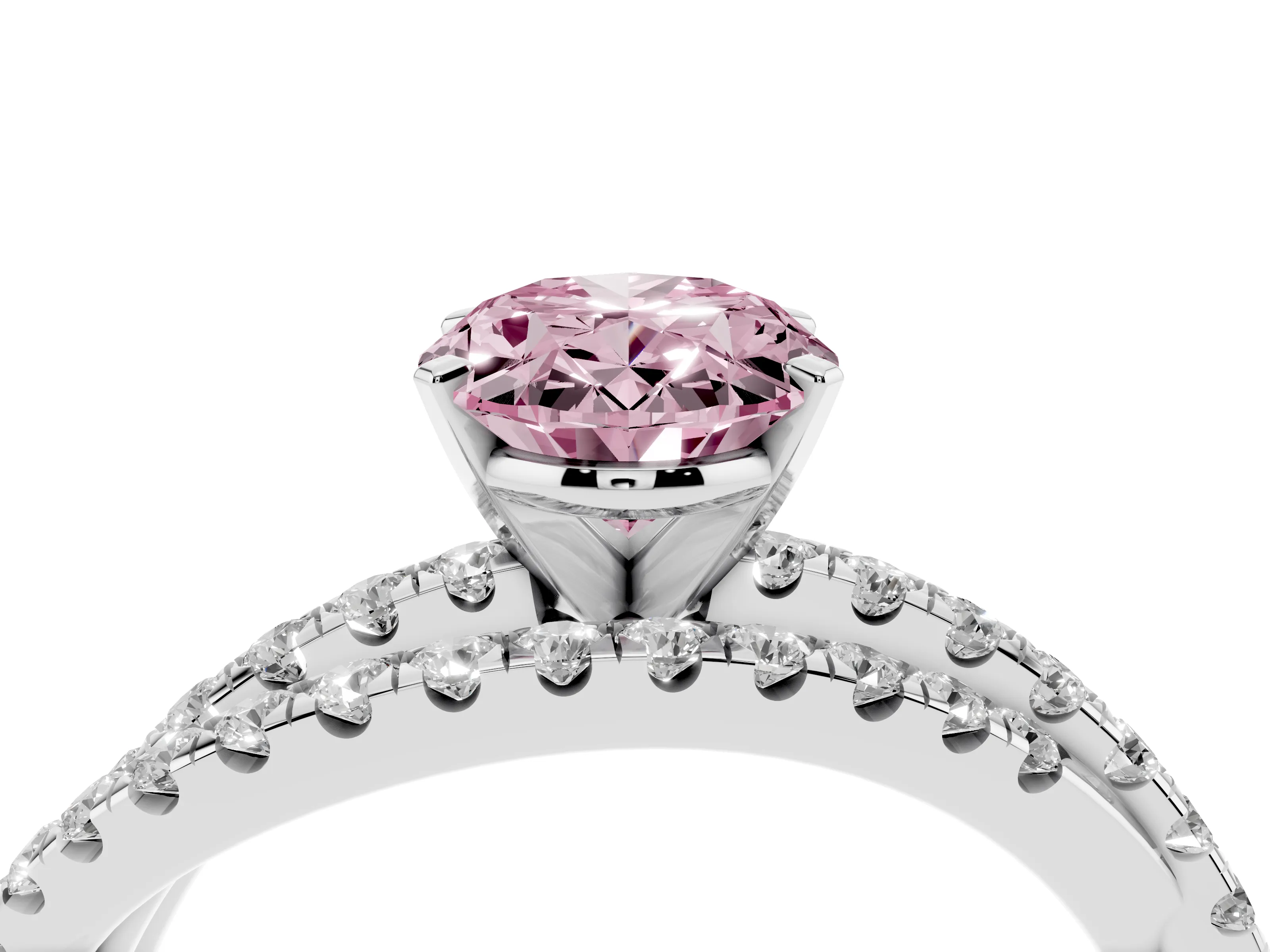 Fancy Pink Oval Cut Diamond Solitaire Twist Band Ring Set in Platinum with Pavé Setting and Prong Head