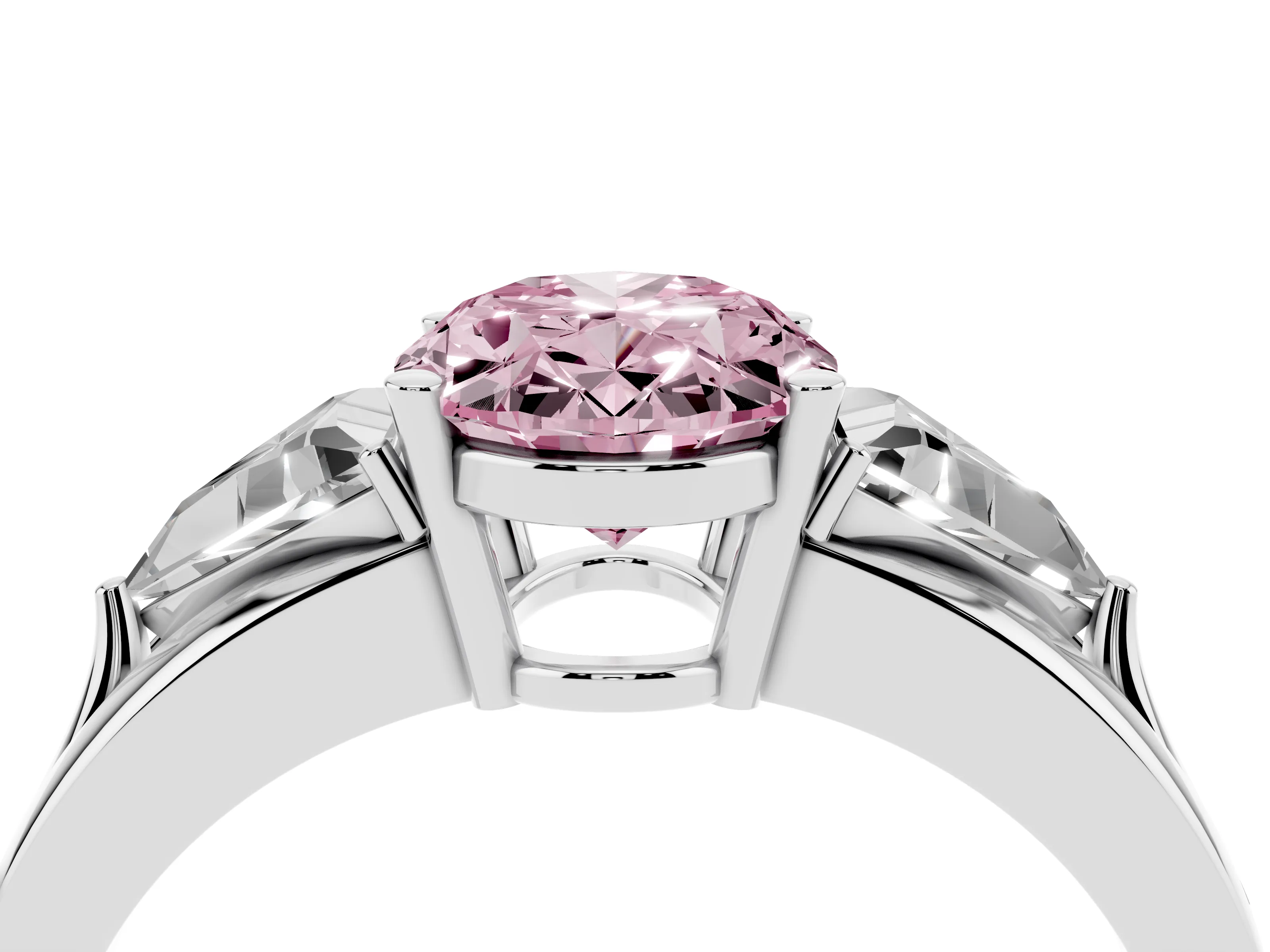 Fancy Pink Oval Cut Diamond Three-Stone Ring Set in White gold with Trillion Side Stones and Split Shank