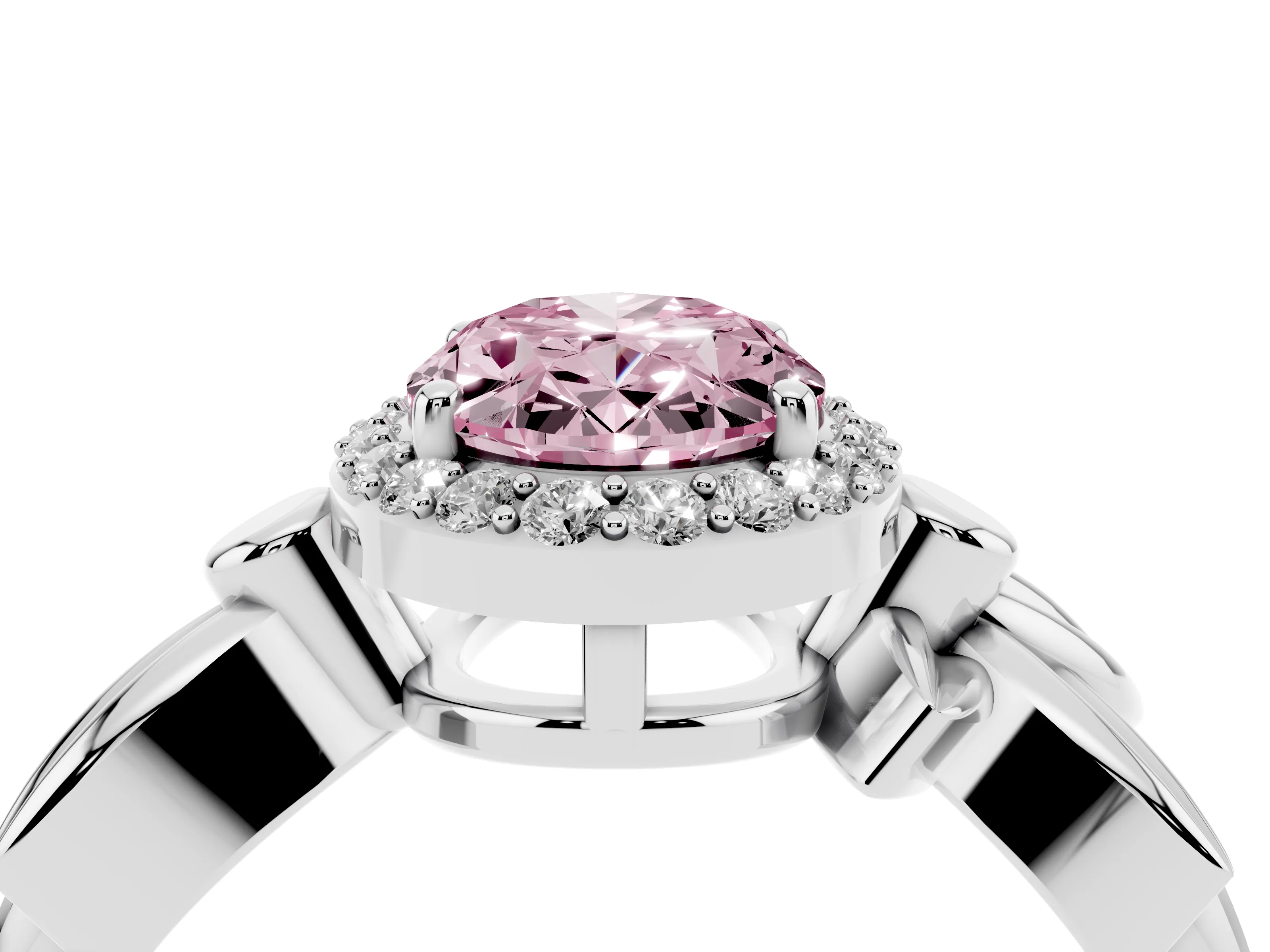 Fancy Pink Oval Cut Diamond Halo Floral Band Ring Set in Platinum with Prong Setting