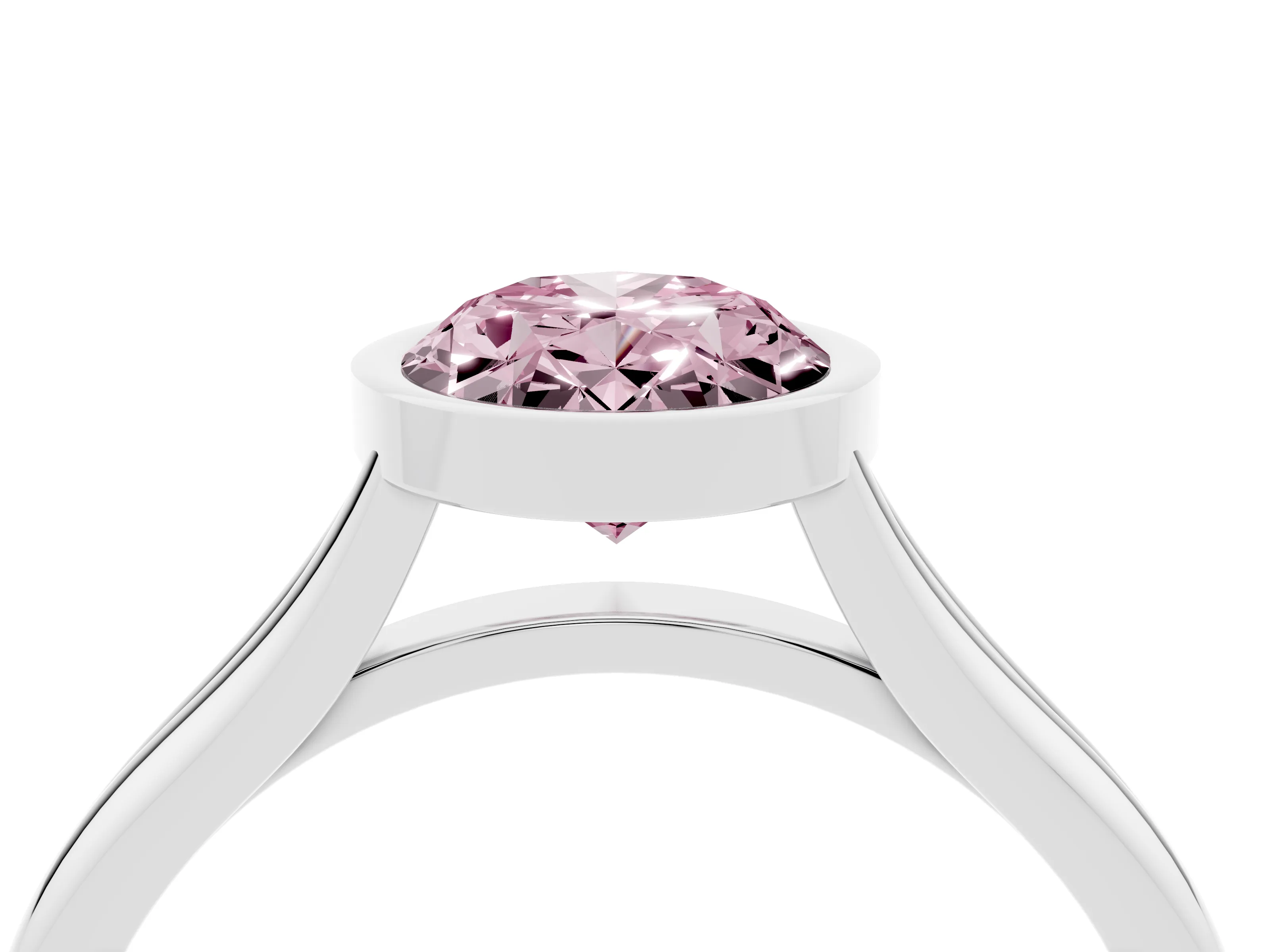Fancy Pink Bezel Set Oval Cut Diamond Solitaire Ring Set in Silver with Tapered Band