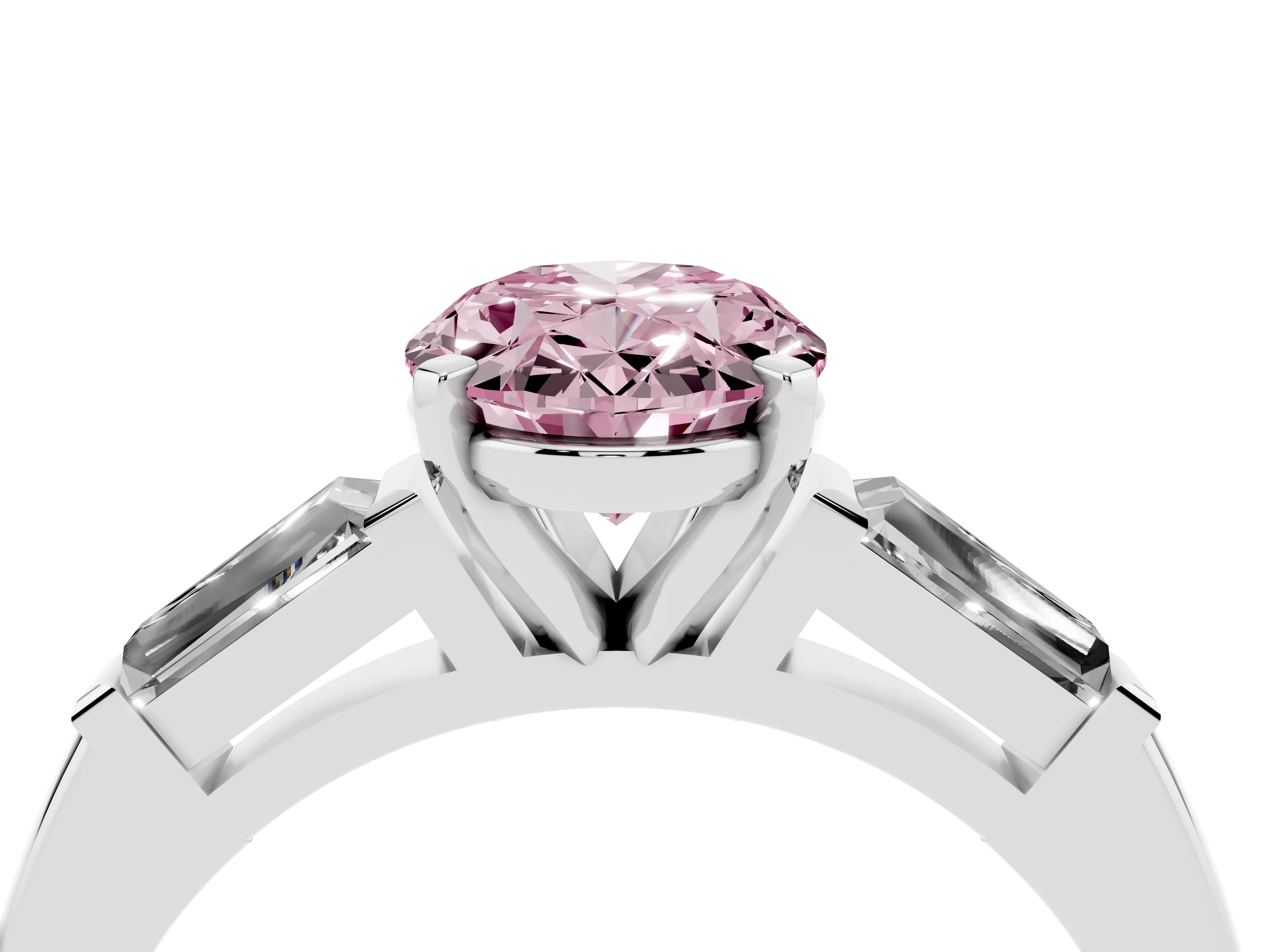 Fancy Pink Oval Cut Diamond Solitaire Ring Set in Platinum with Tapered Baguette Side Stones and Prong Setting