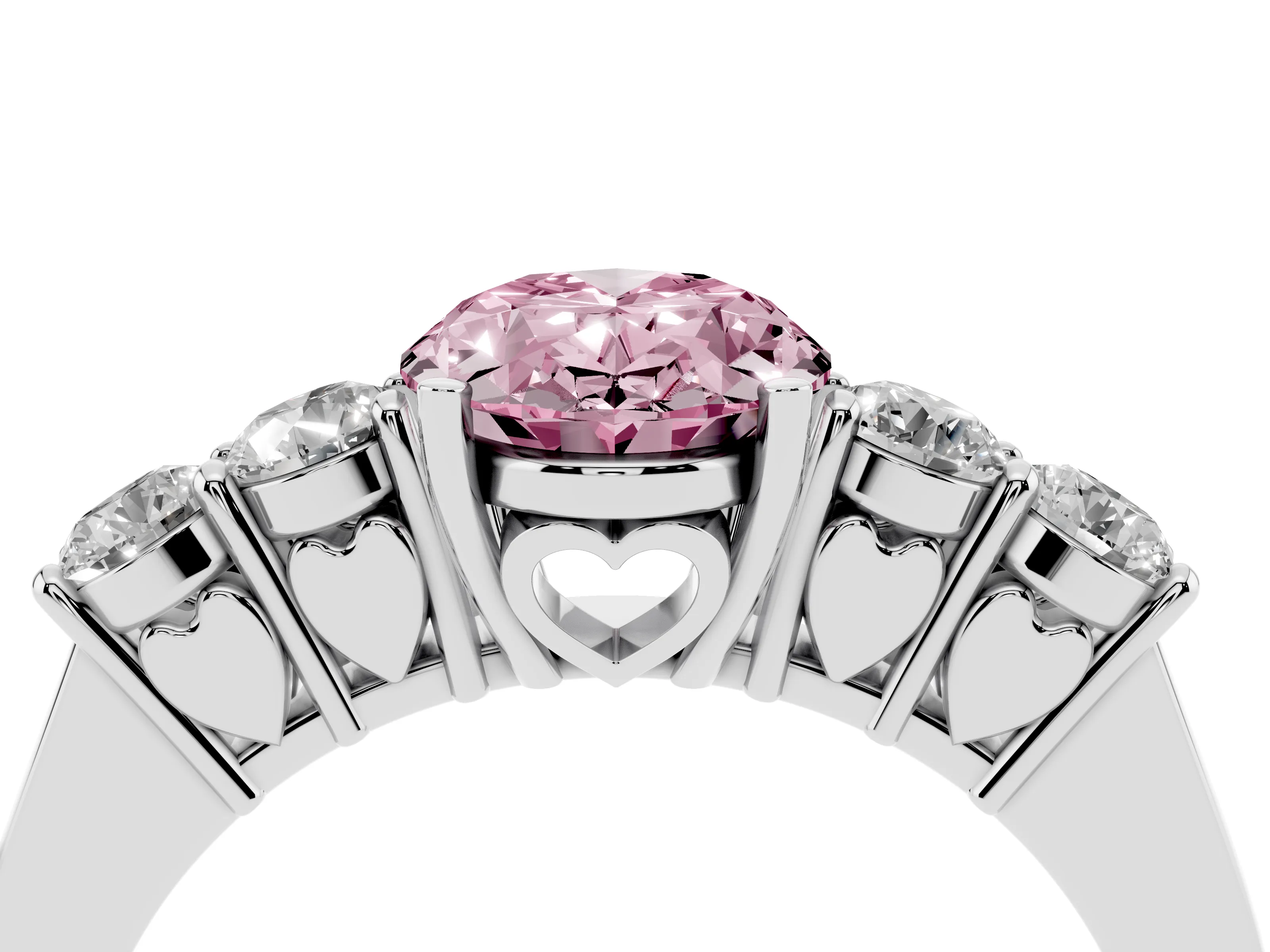 Fancy Pink Oval Cut Diamond Five-Stone Prong Set Band Ring Set in Silver with Polished Band