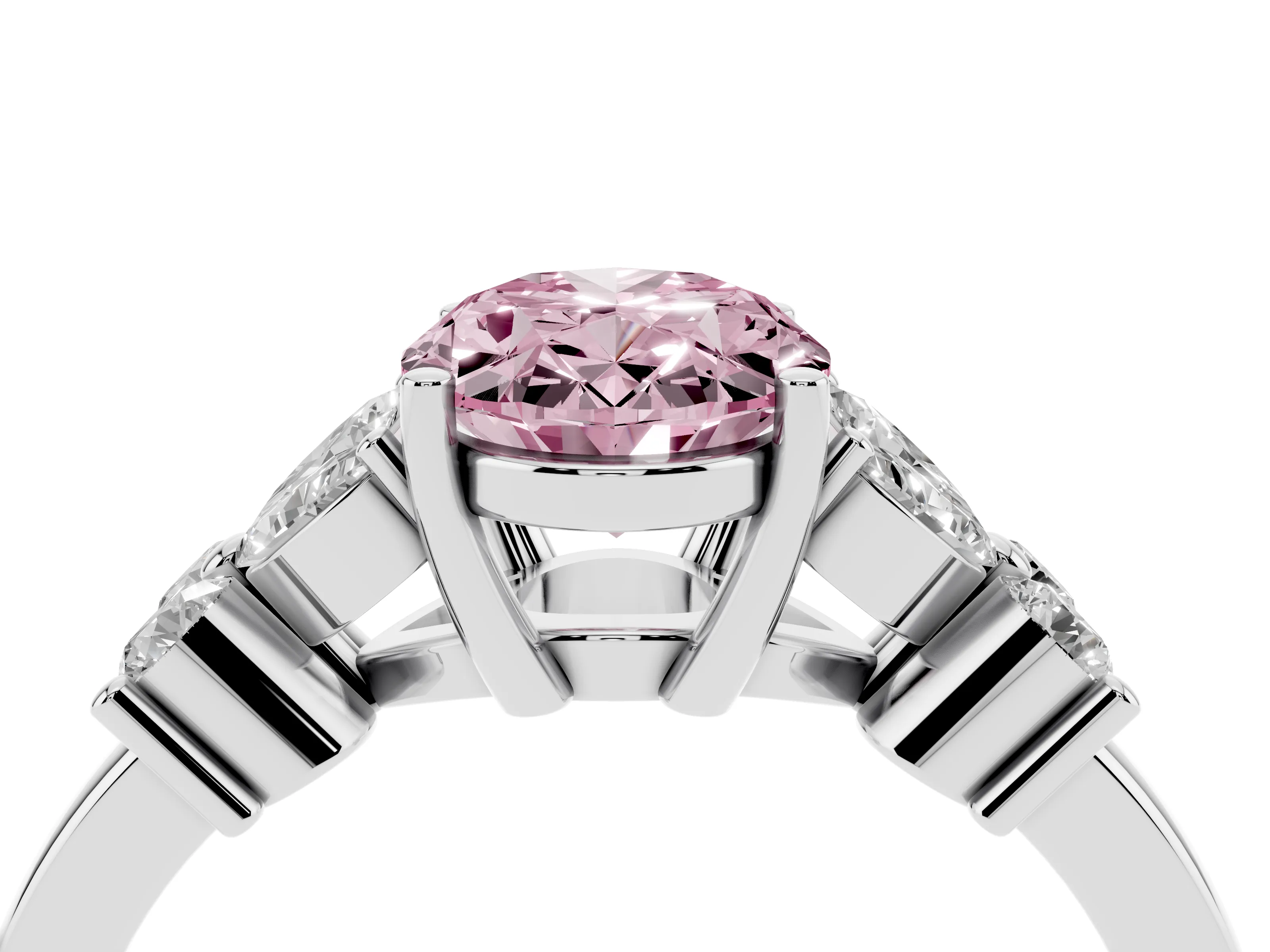 Fancy Pink Oval Cut Diamond Floral Cluster Ring Set in Silver with Marquise Petals and Prong Setting