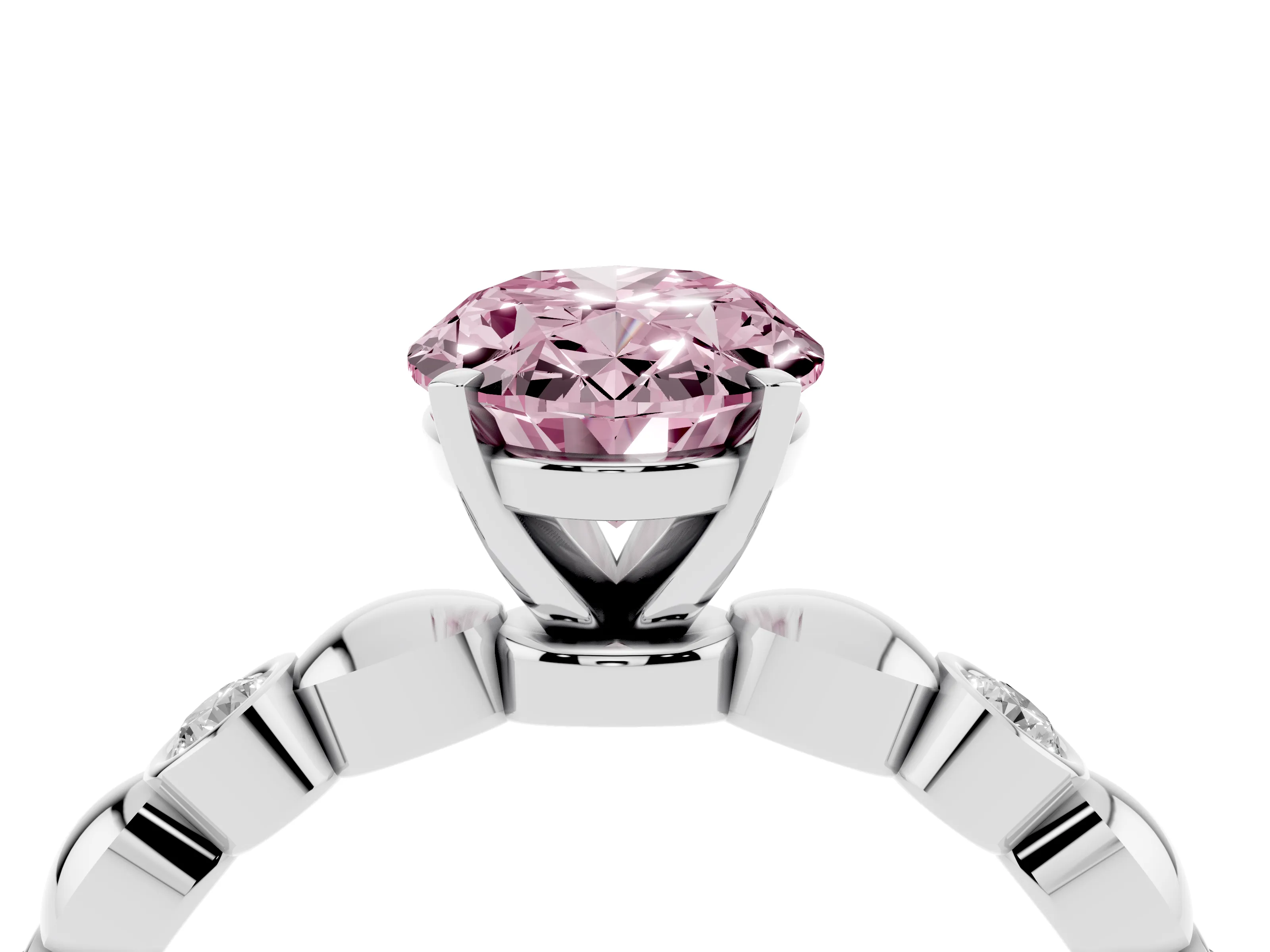 Fancy Pink Oval Cut Diamond Solitaire Ring Set in White gold with Bezel-Set Accents on Beaded Band and Prong Setting
