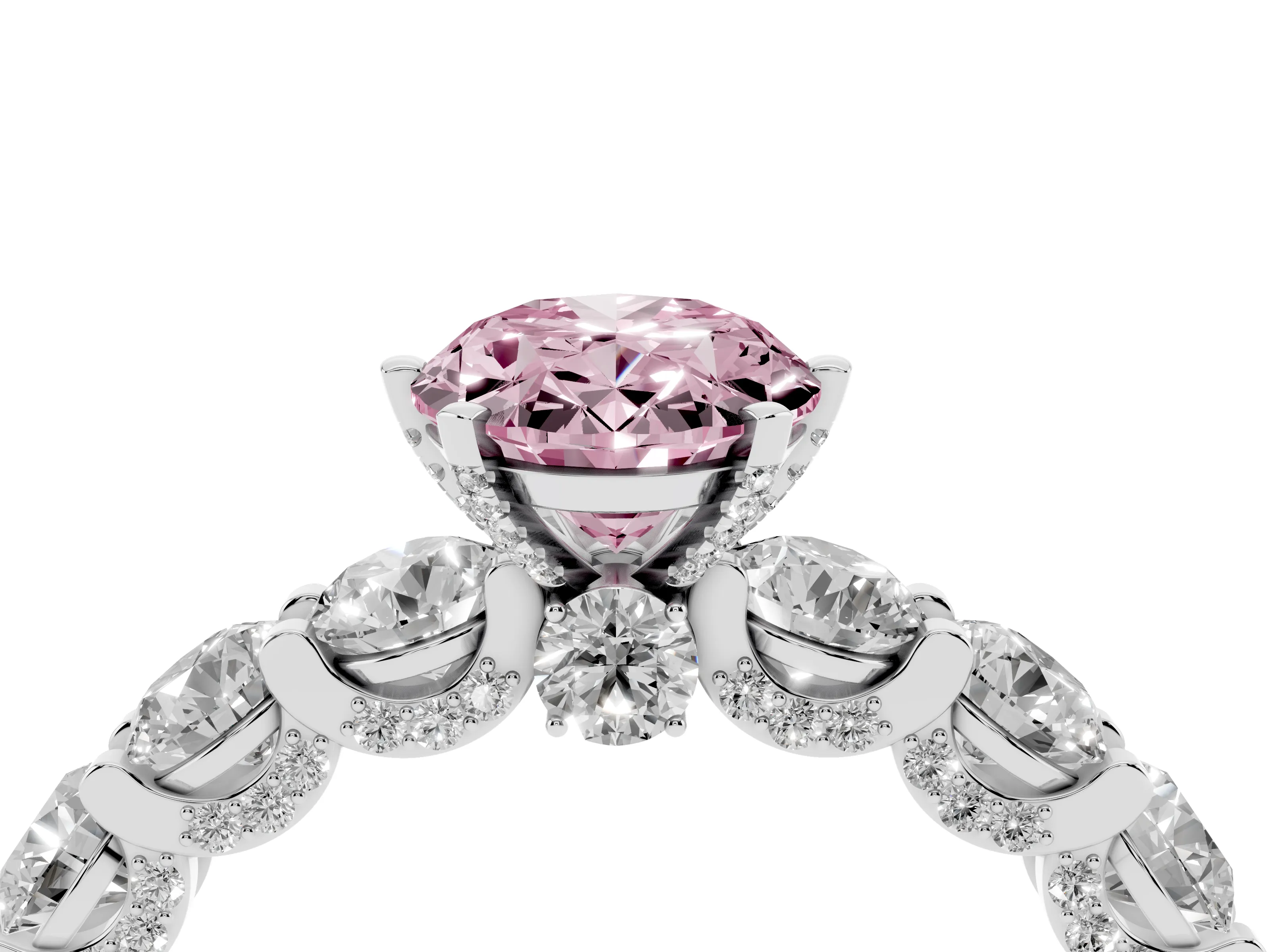 Fancy Pink Oval Cut Diamond Side Stone Ring Set in Platinum with Alternating Round and Oval Side Stones