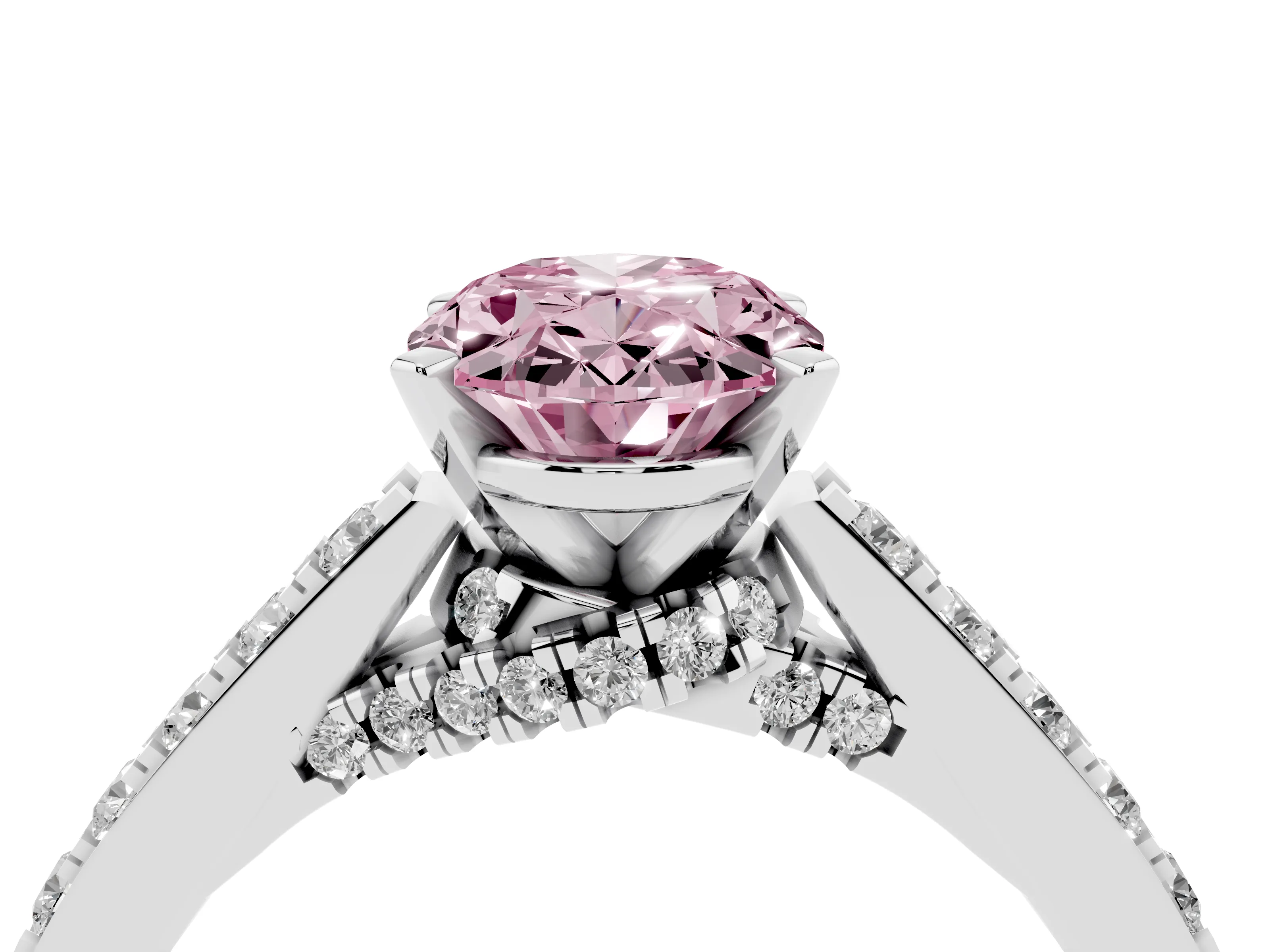 Fancy Pink Oval Cut Diamond Solitaire Ring Set in Platinum with Crossover Gallery and Round Pavé Band