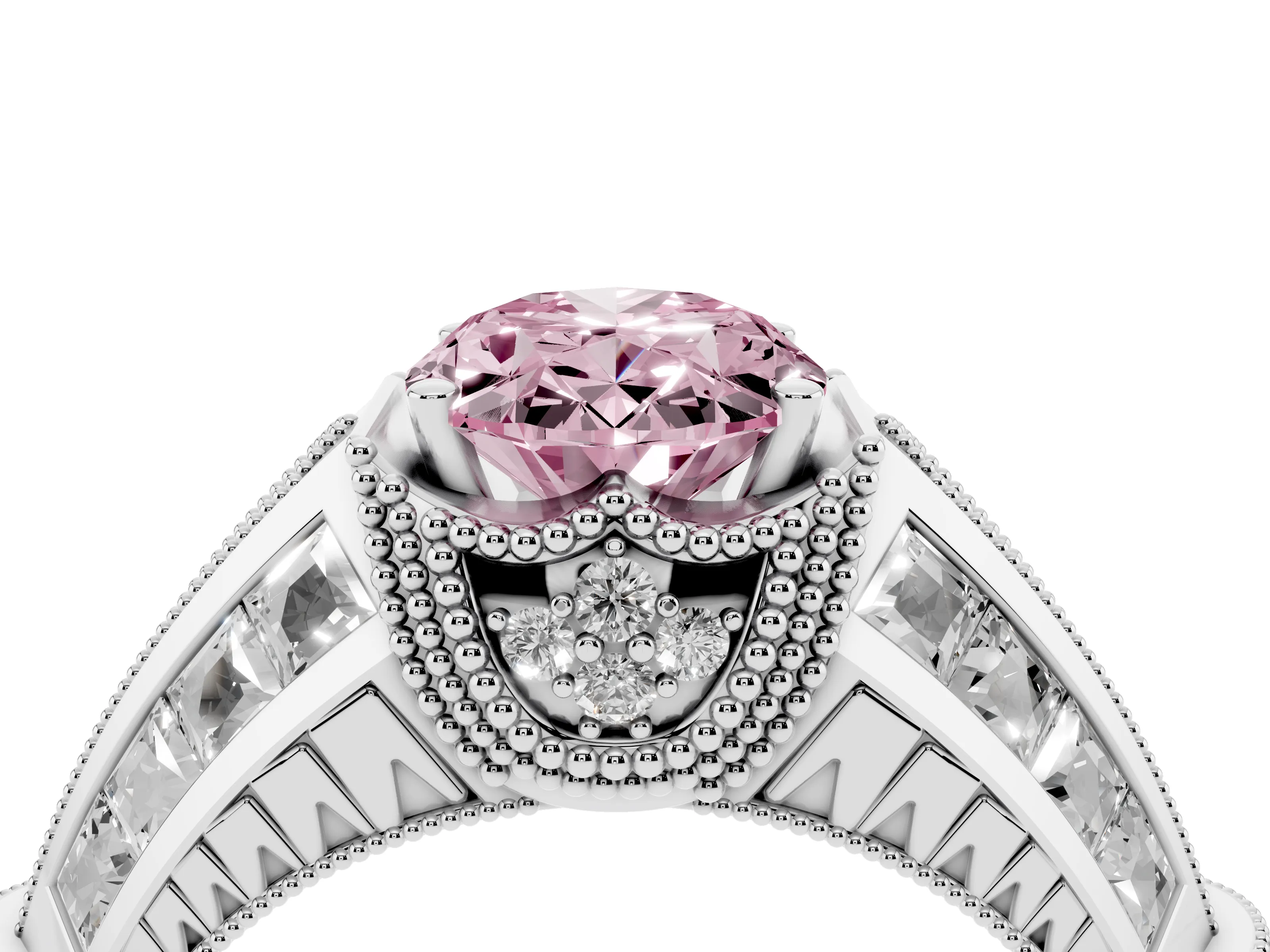 Fancy Pink Oval Cut Diamond Vintage-Inspired Milgrain Ring Set in Silver with Accent Split Shank
