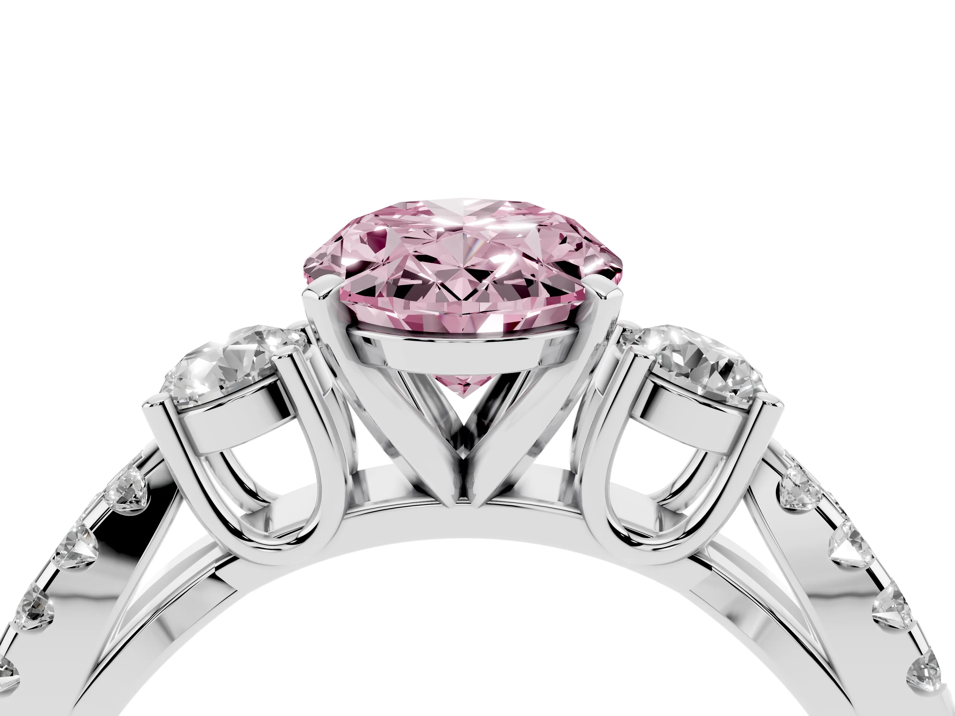 Fancy Pink Oval Cut Diamond Three-Stone Ring Set in White gold with Pavé Split Shank and Prong Setting