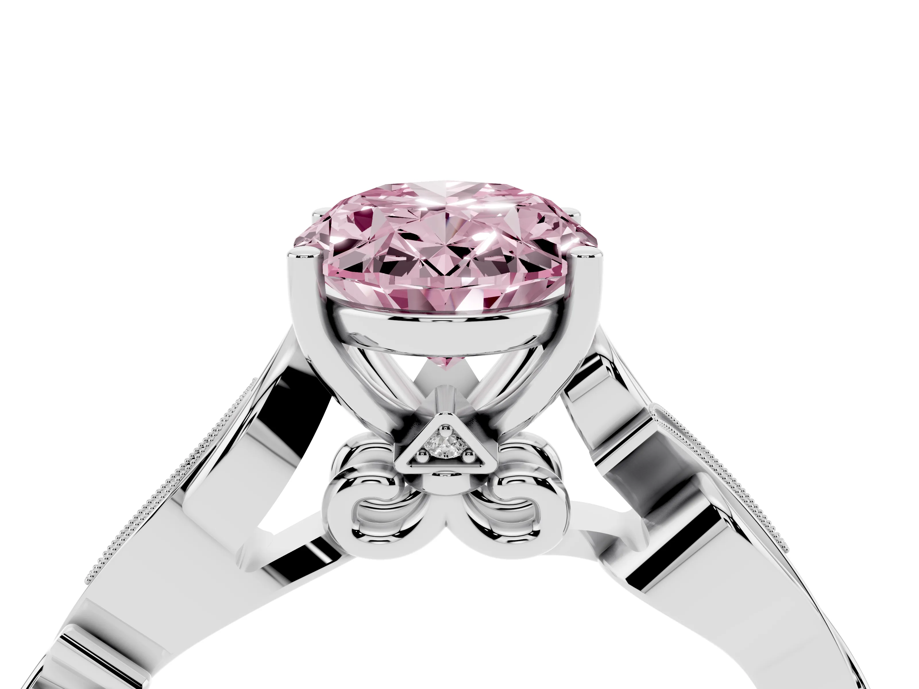 Fancy Pink Oval Cut Diamond Vine Band Solitaire Ring Set in Silver with Milgrain Prong Setting