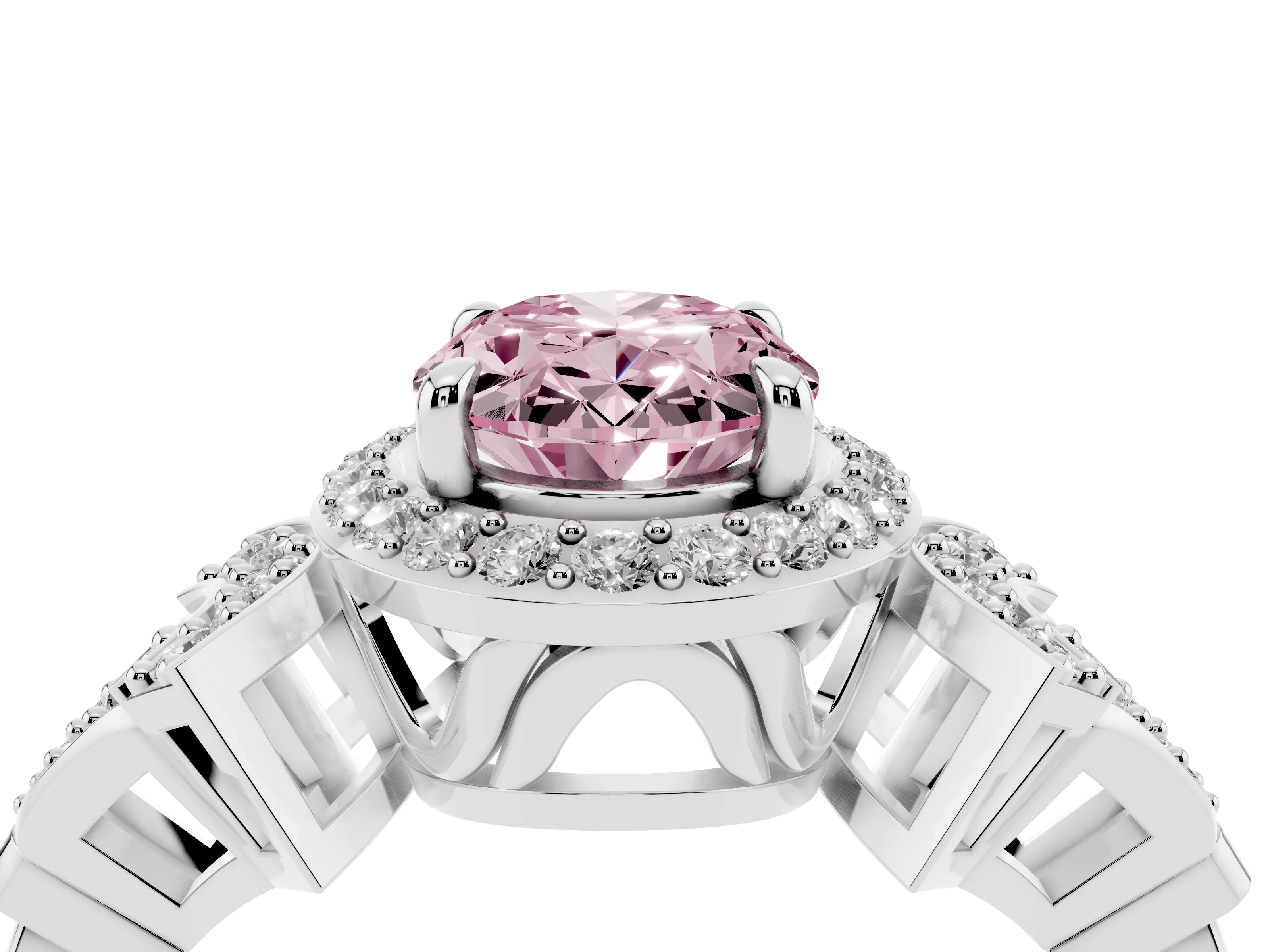 Fancy Pink Oval Cut Diamond Halo Engagement Ring Set in Silver with Accent Stone Split Shank