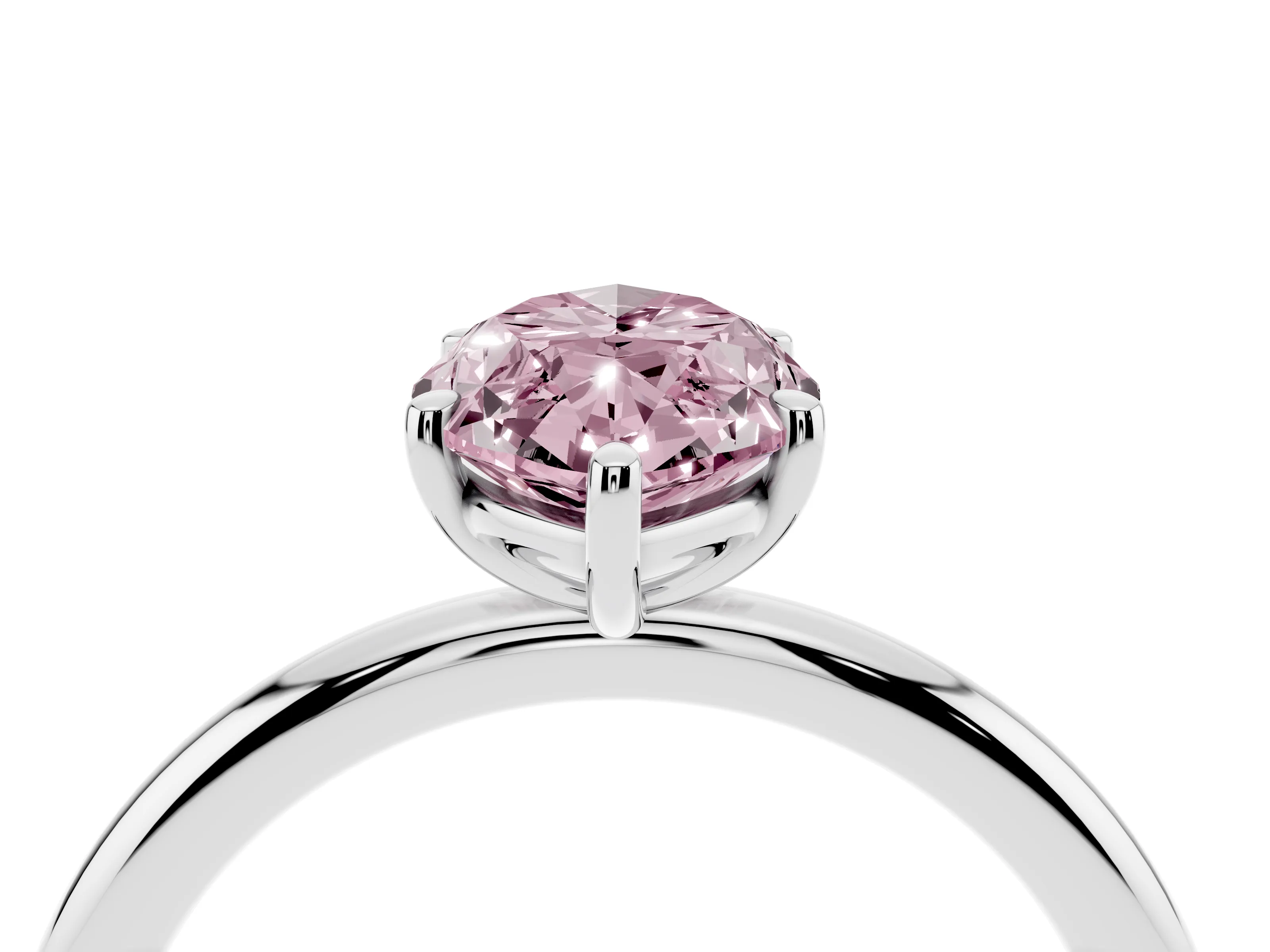 Fancy Pink Oval Cut Diamond Solitaire Ring Set in Silver with Prong Setting on a Polished Plain Band