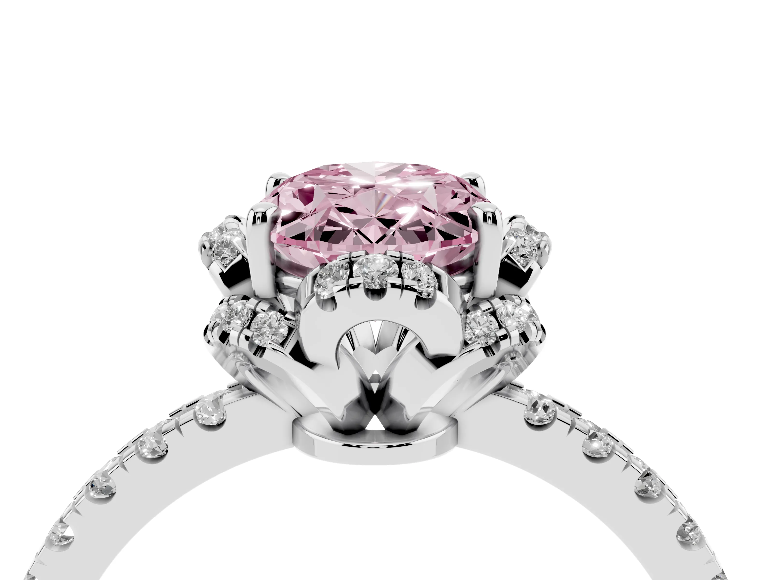Fancy Pink Oval Cut Diamond Halo Pavé Band Ring Set in Platinum with Prong-Held Center