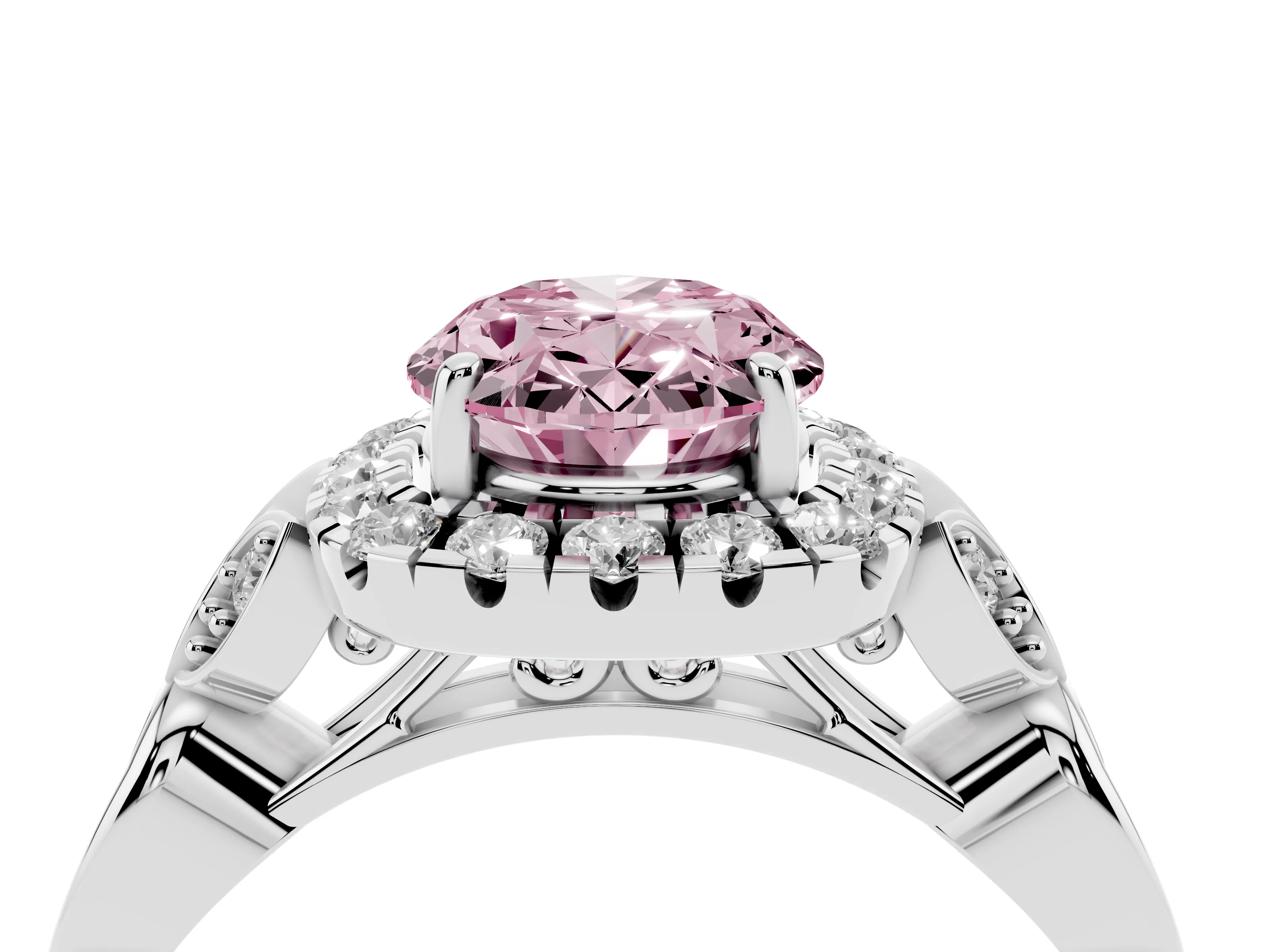 Fancy Pink Oval Cut Diamond Halo Engagement Ring Set in White gold with Vintage-Inspired Band and Prong Setting